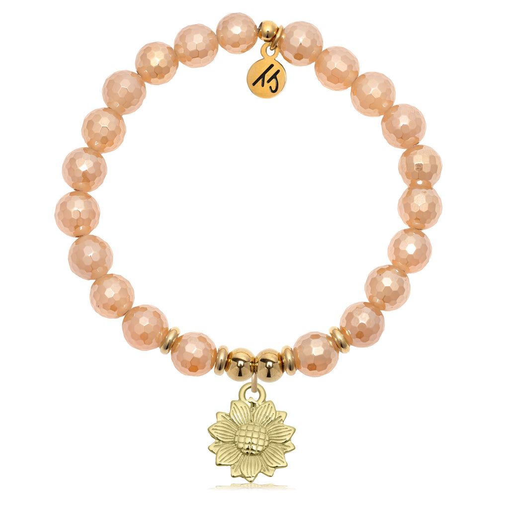 Gold Charm Collection - Champagne Agate Gemstone Bracelet with Sunflower Gold Charm