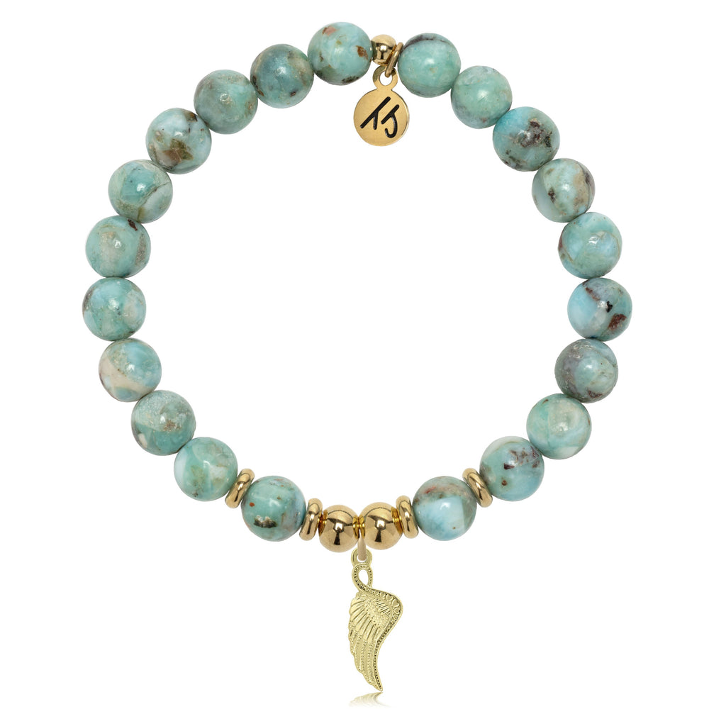 Gold Charm Collection - Larimar Gemstone Bracelet with Angel Blessings Gold Charm
