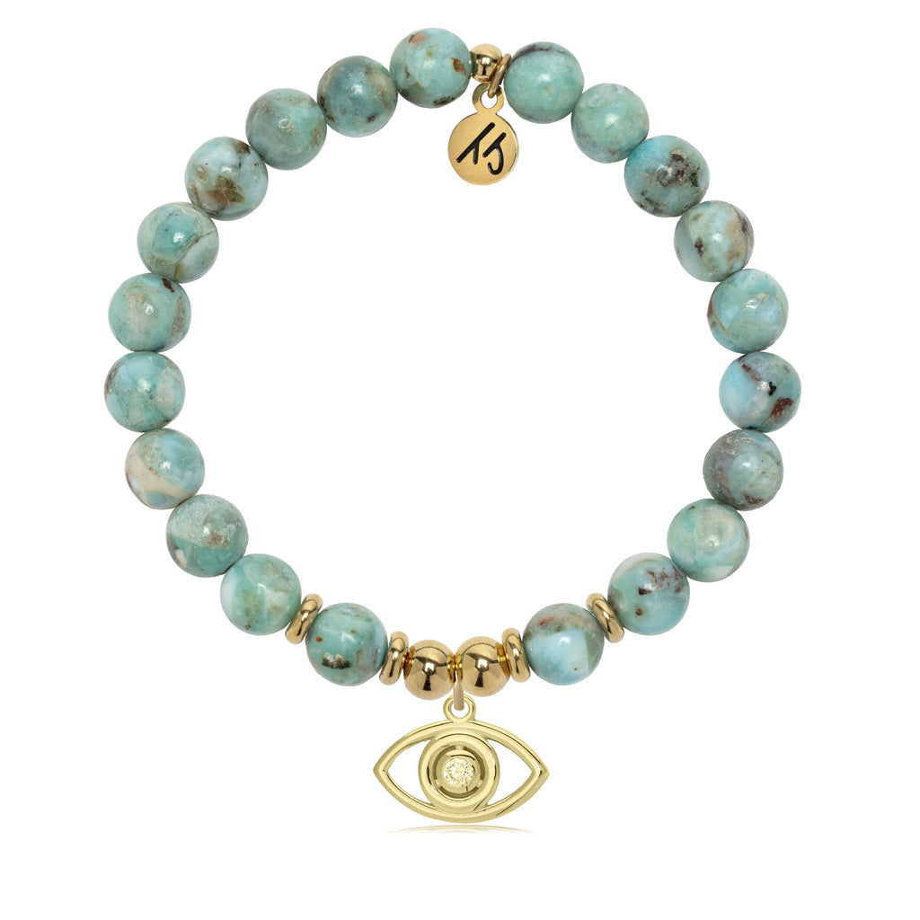 Gold Charm Collection - Larimar Gemstone Bracelet with Evil Eye Gold Charm