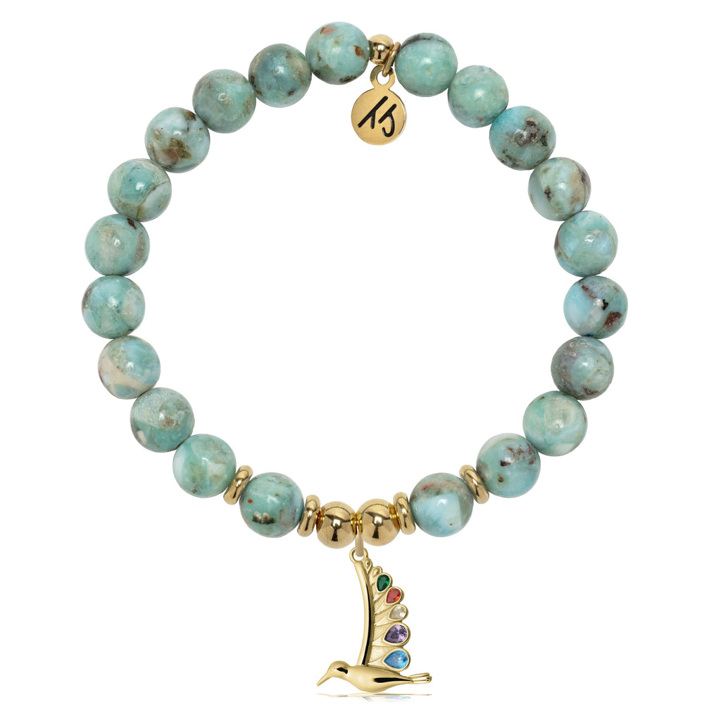 Gold Charm Collection - Larimar Gemstone Bracelet with Hummingbird Gold Charm