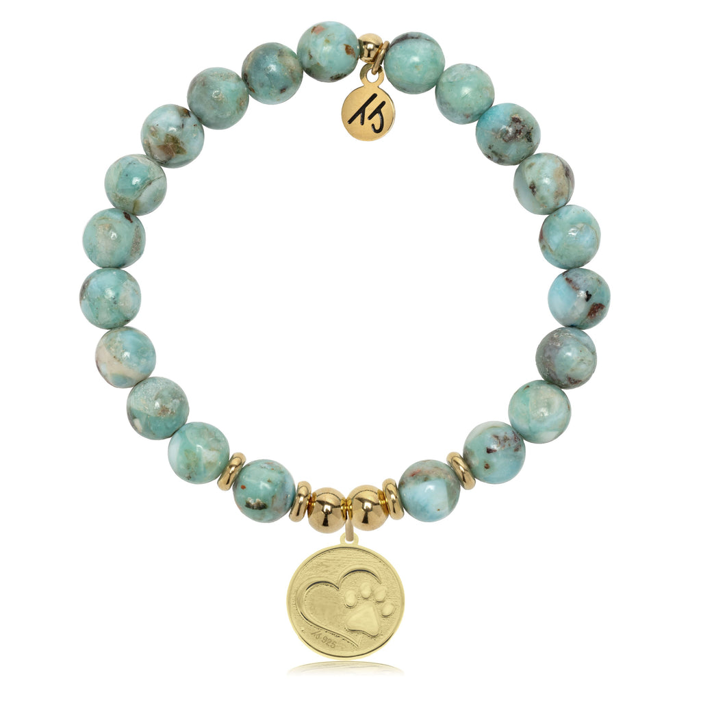 Gold Charm Collection - Larimar Gemstone Bracelet with Paw Print Gold Charm