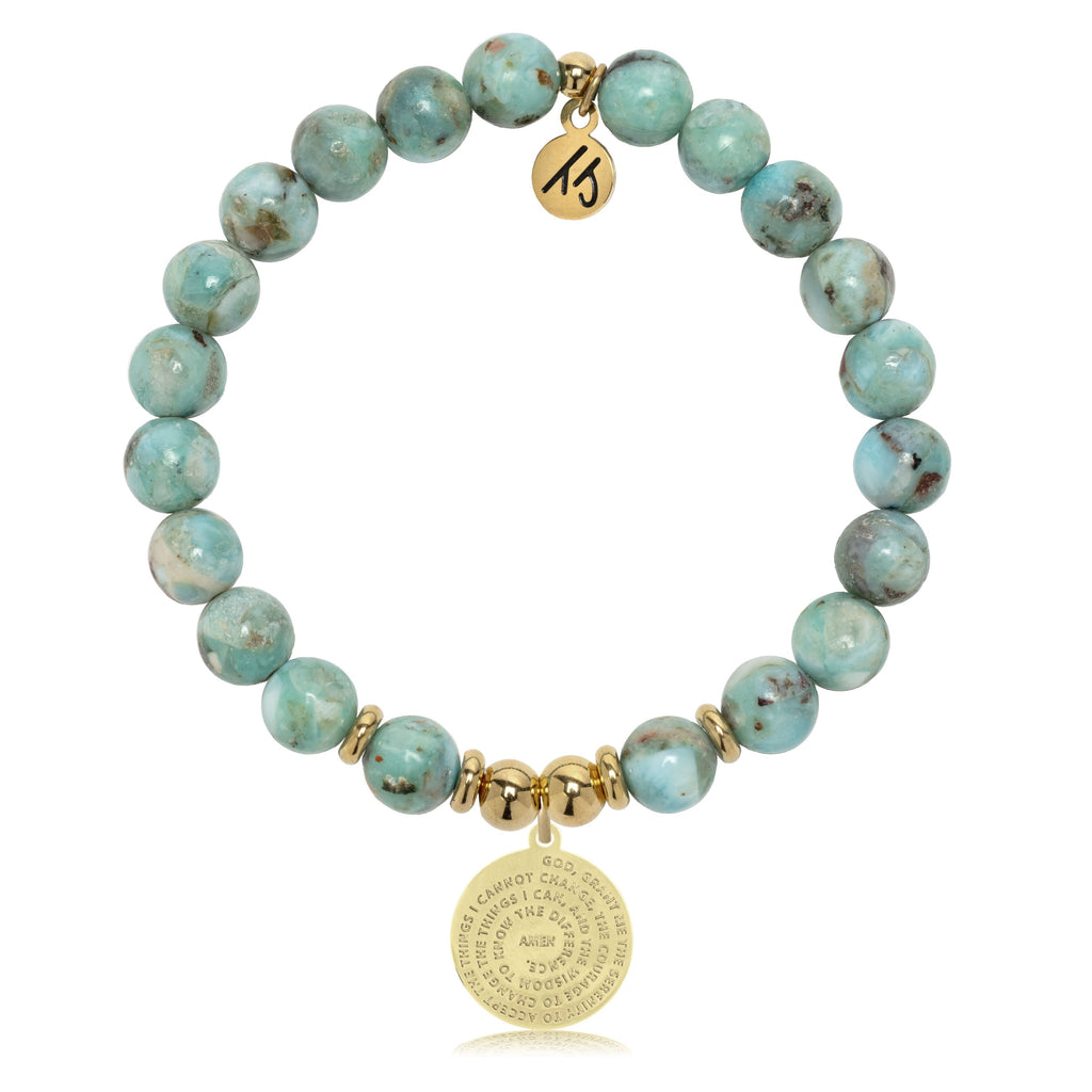 Gold Charm Collection - Larimar Gemstone Bracelet with Serenity Prayer Gold Charm
