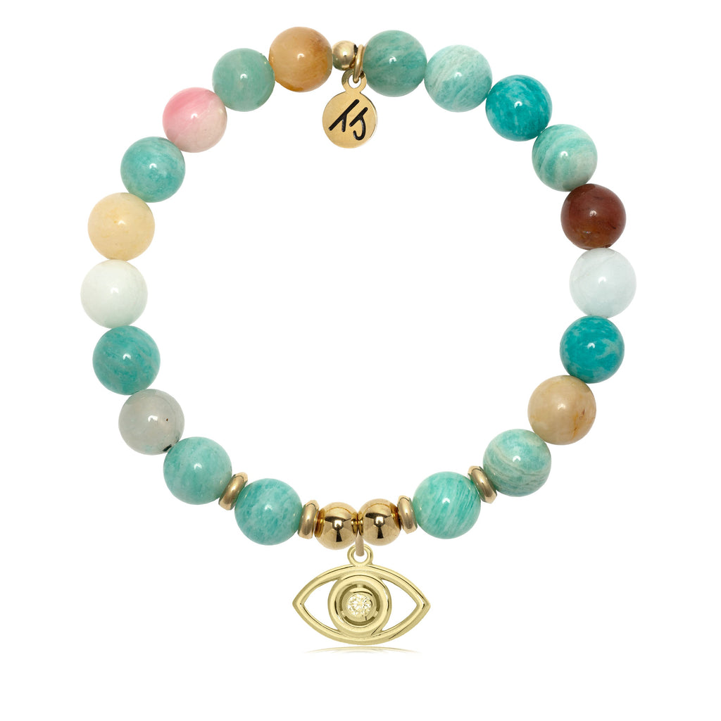 Gold Charm Collection - Multi Amazonite Gemstone Bracelet with Evil Eye Charm