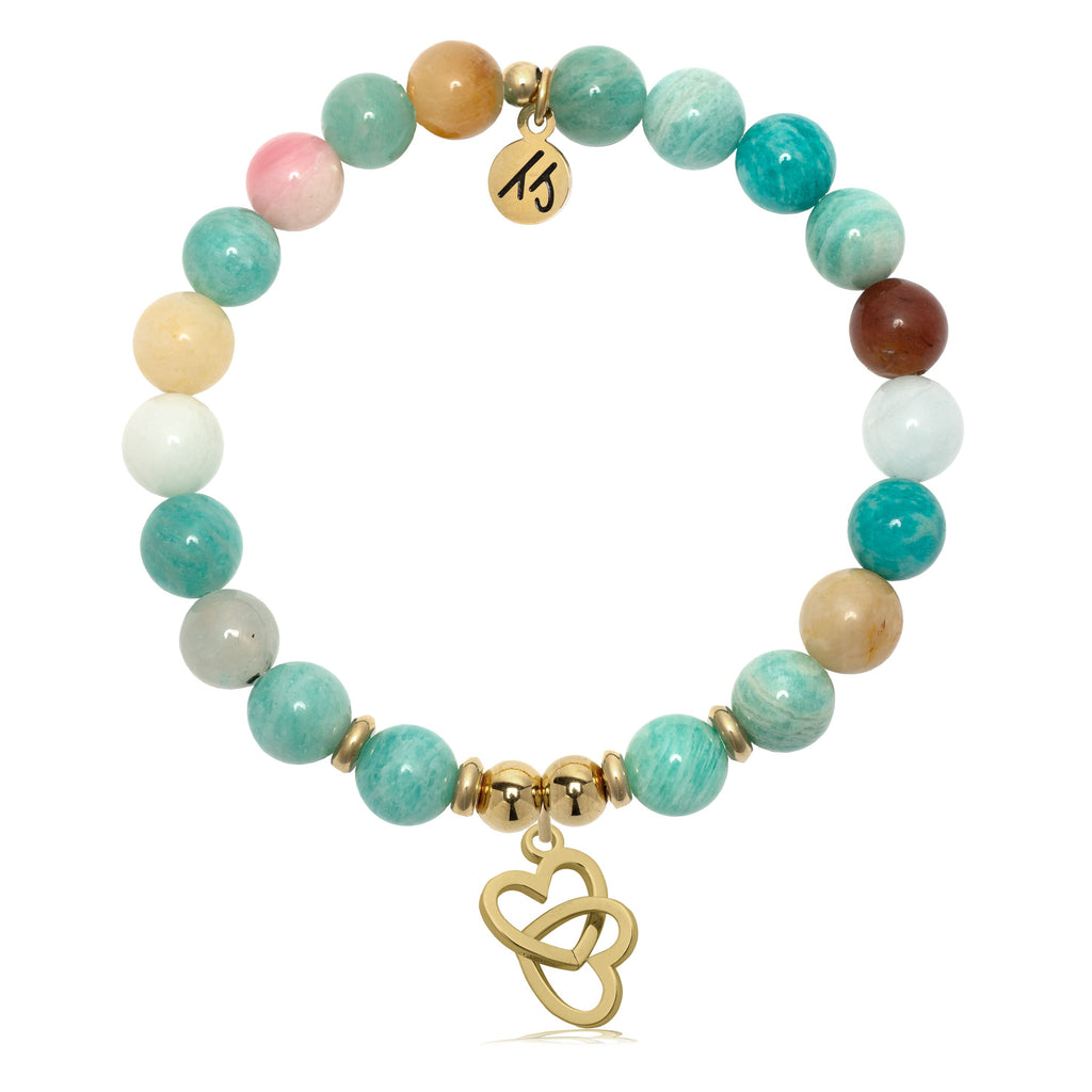 Gold Charm Collection - Multi Amazonite Gemstone Bracelet with Linked Hearts Gold Charm