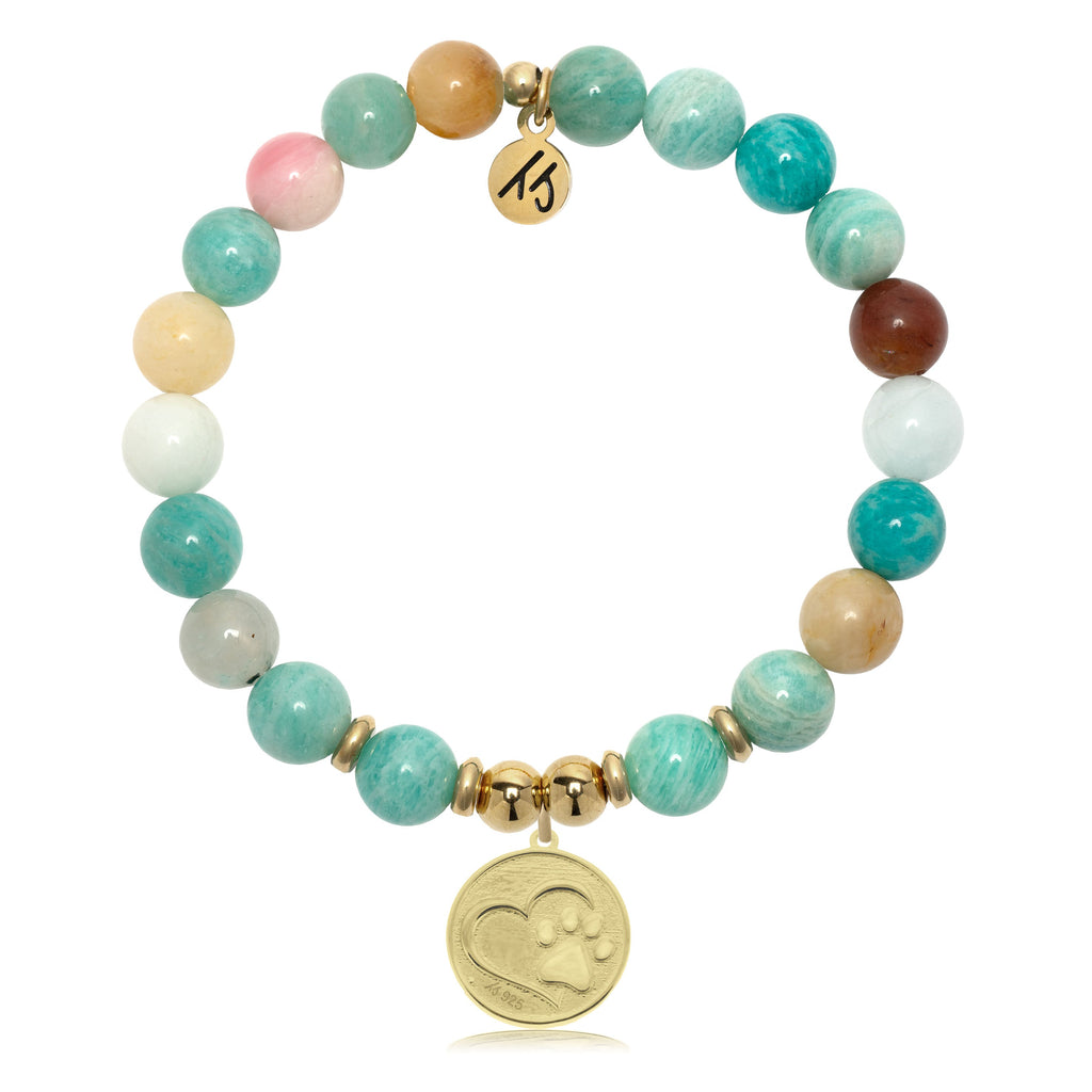 Gold Charm Collection - Multi Amazonite Gemstone Bracelet with Paw Print Gold Charm