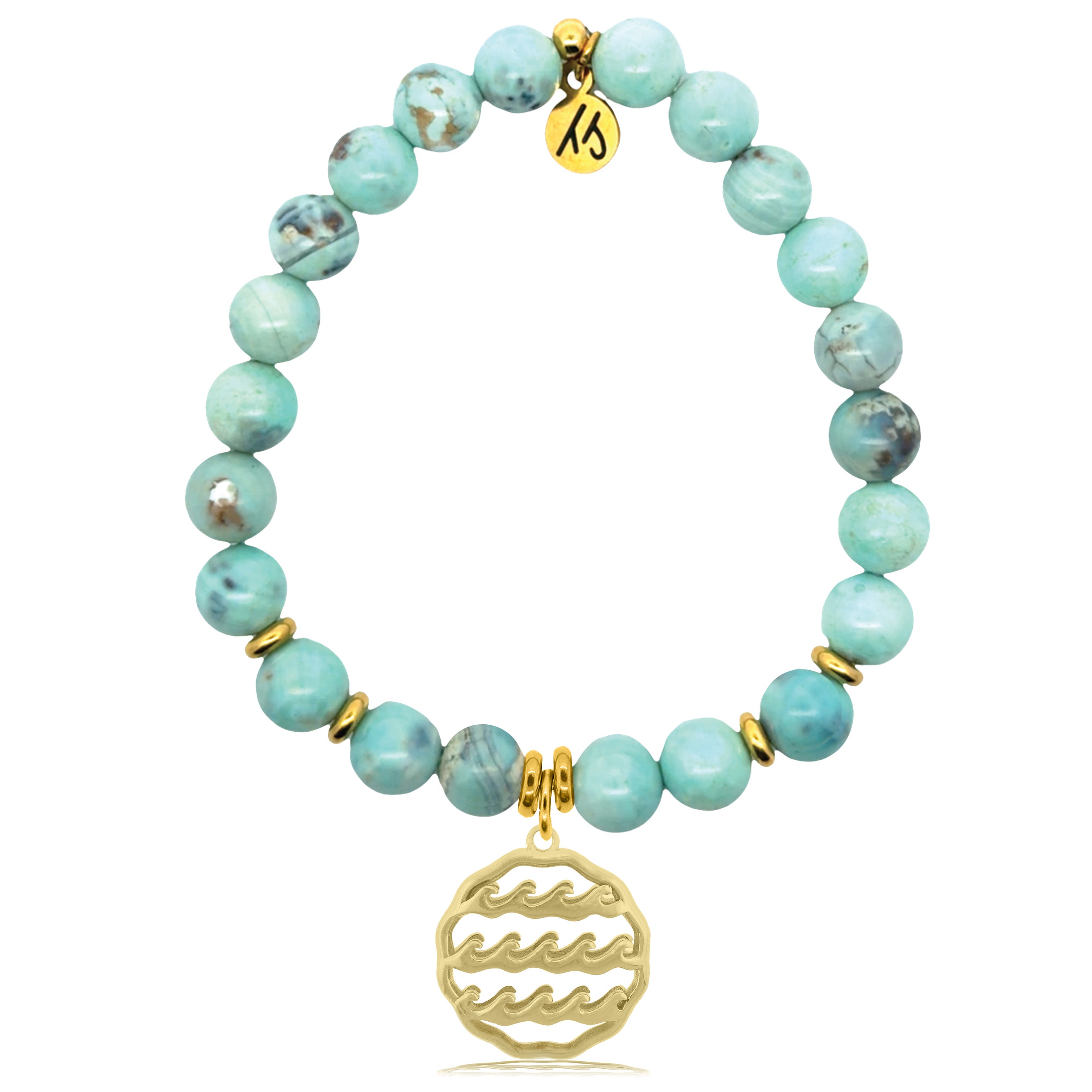 Gold Charm Collection - Robins Egg Agate Gemstone Bracelet with Waves of Life Gold Charm
