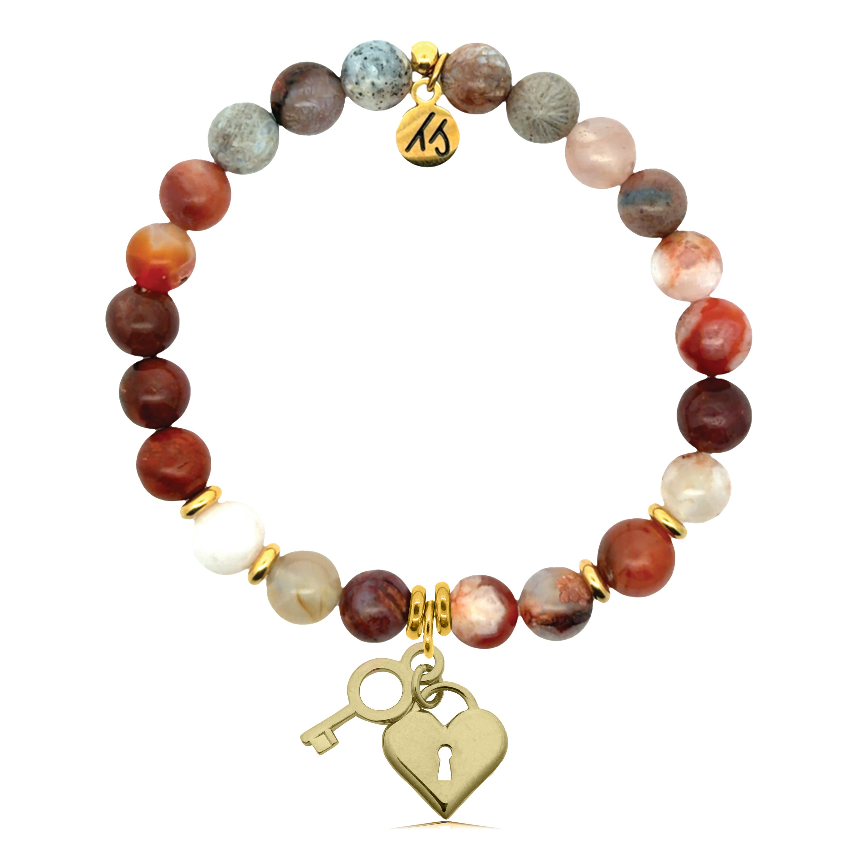 Gold Charm Collection - Sakura Agate Gemstone Bracelet with Key To My Heart Gold Charm