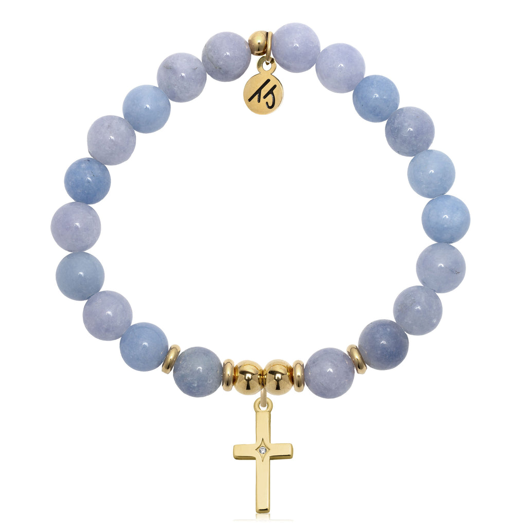 Gold Charm Collection - Sky Blue Jade Gemstone Bracelet with Cross CZ Gold Charm