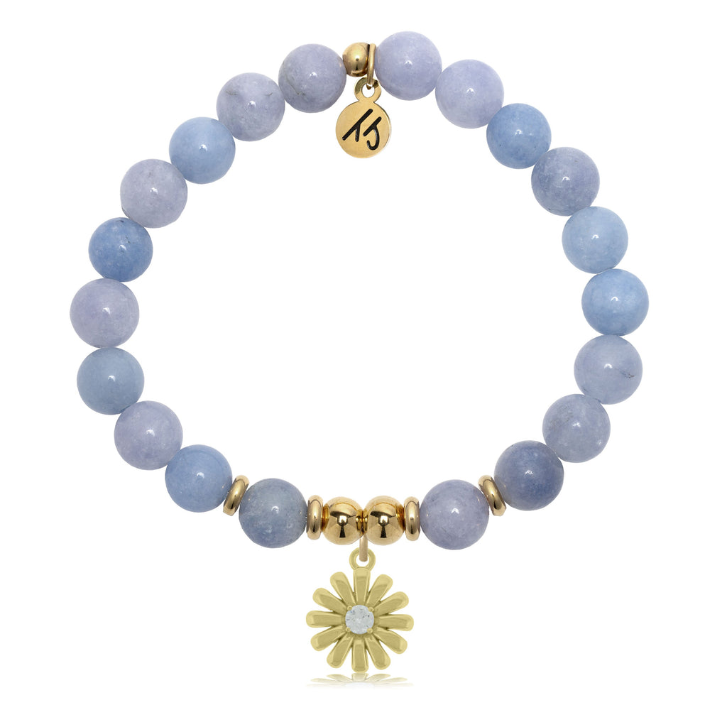 Gold Charm Collection - Sky Blue Jade Gemstone Bracelet with Daisy Gold Charm