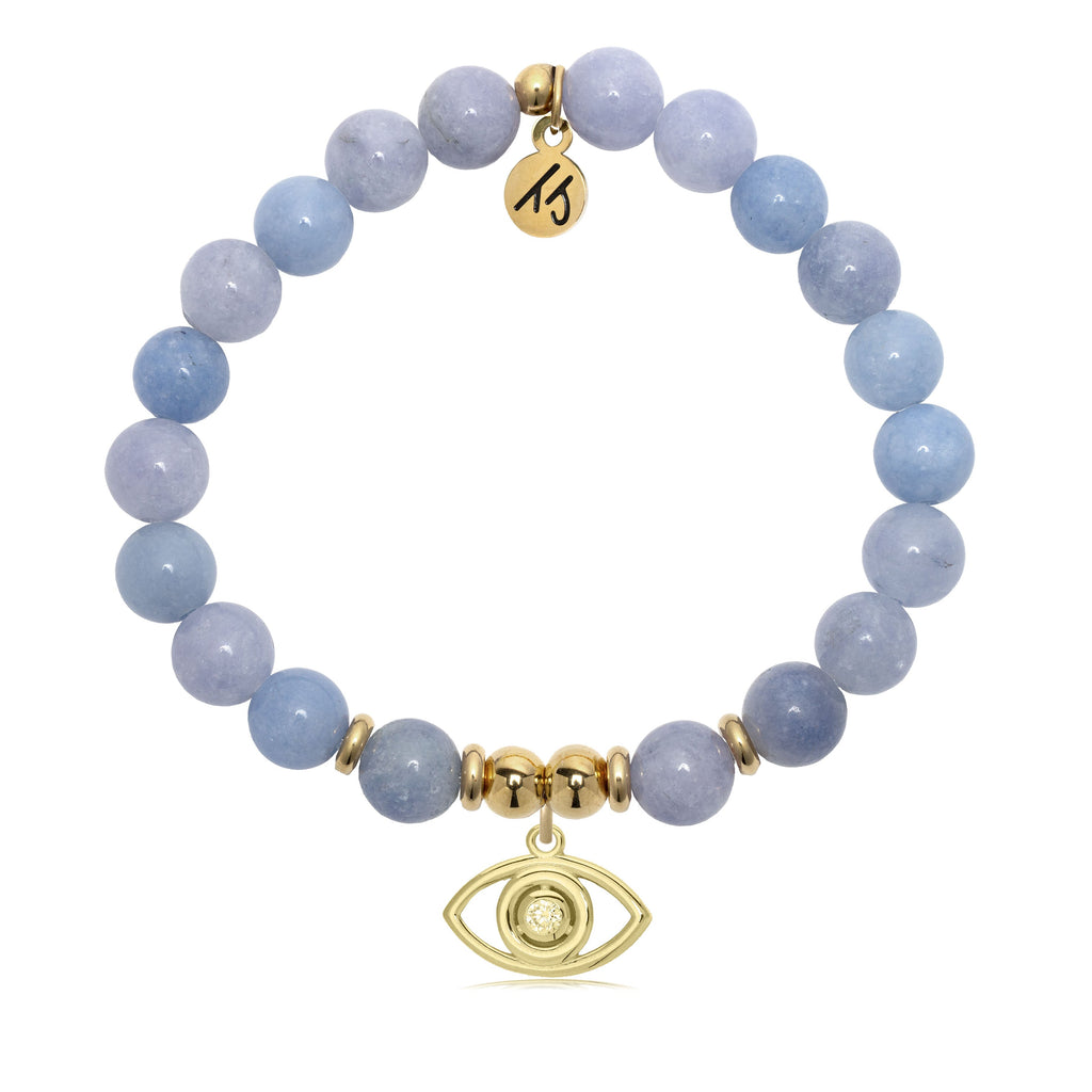 Gold Charm Collection - Sky Blue Jade Gemstone Bracelet with Evil Eye Gold Charm