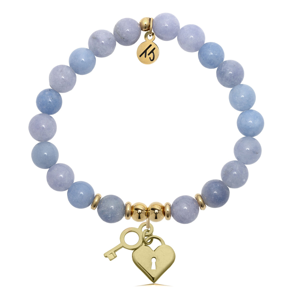 Gold Charm Collection - Sky Blue Jade Gemstone Bracelet with Key To My Heart Gold Charm
