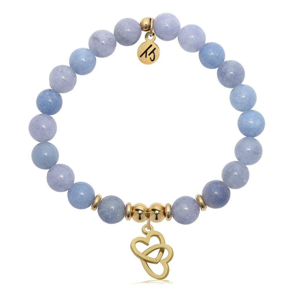 Gold Charm Collection - Sky Blue Jade Gemstone Bracelet with Linked Hearts Gold Charm