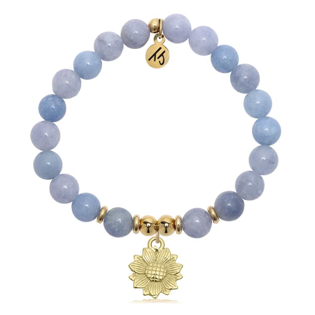 Gold Charm Collection - Sky Blue Jade Gemstone Bracelet with Sunflower Gold Charm