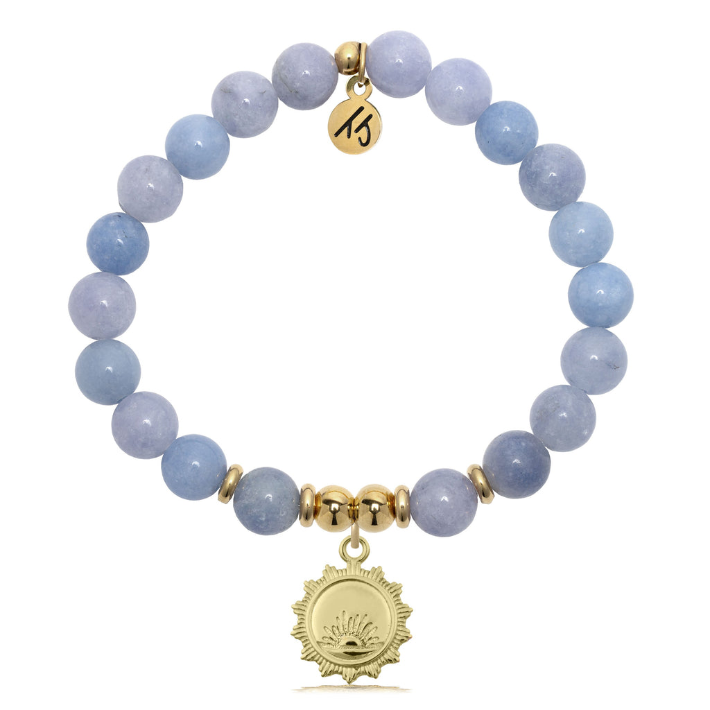 Gold Charm Collection - Sky Blue Jade Gemstone Bracelet with Sunsets Gold Charm