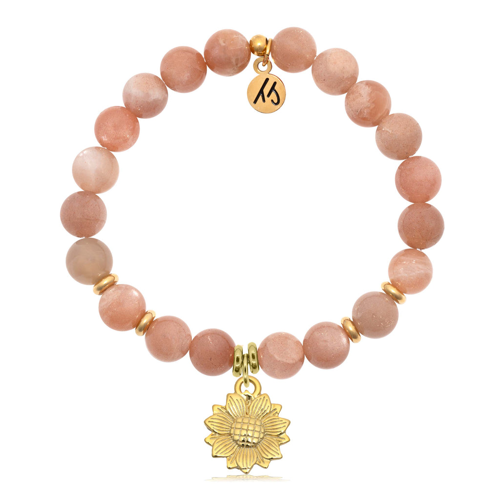 Gold Collection - Peach Moonstone Stone Bracelet with Sunflower Gold Charm