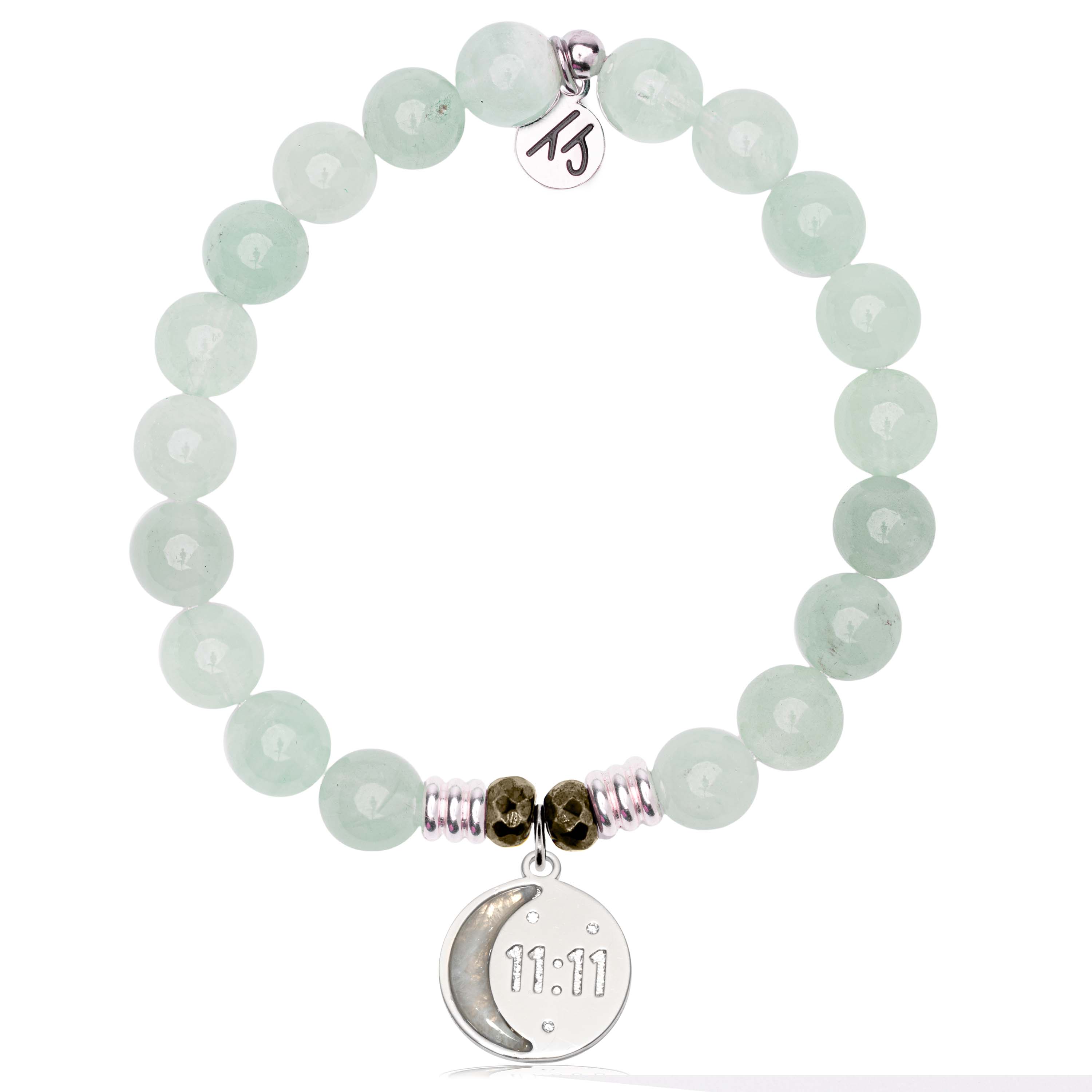 Green Angelite Gemstone Bracelet with 11:11 Sterling Silver Charm