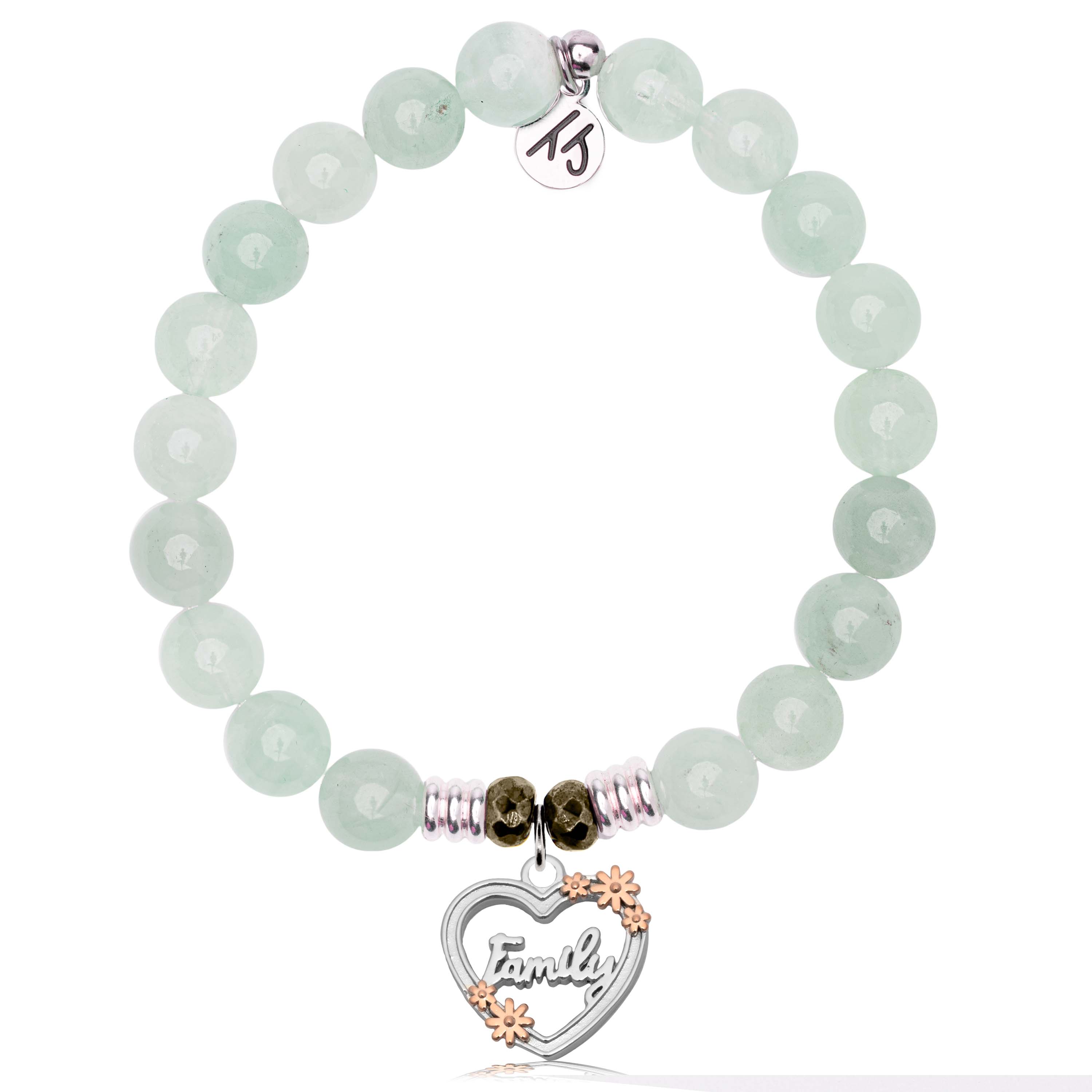 Green Angelite Gemstone Bracelet with Heart Family Sterling Silver Charm