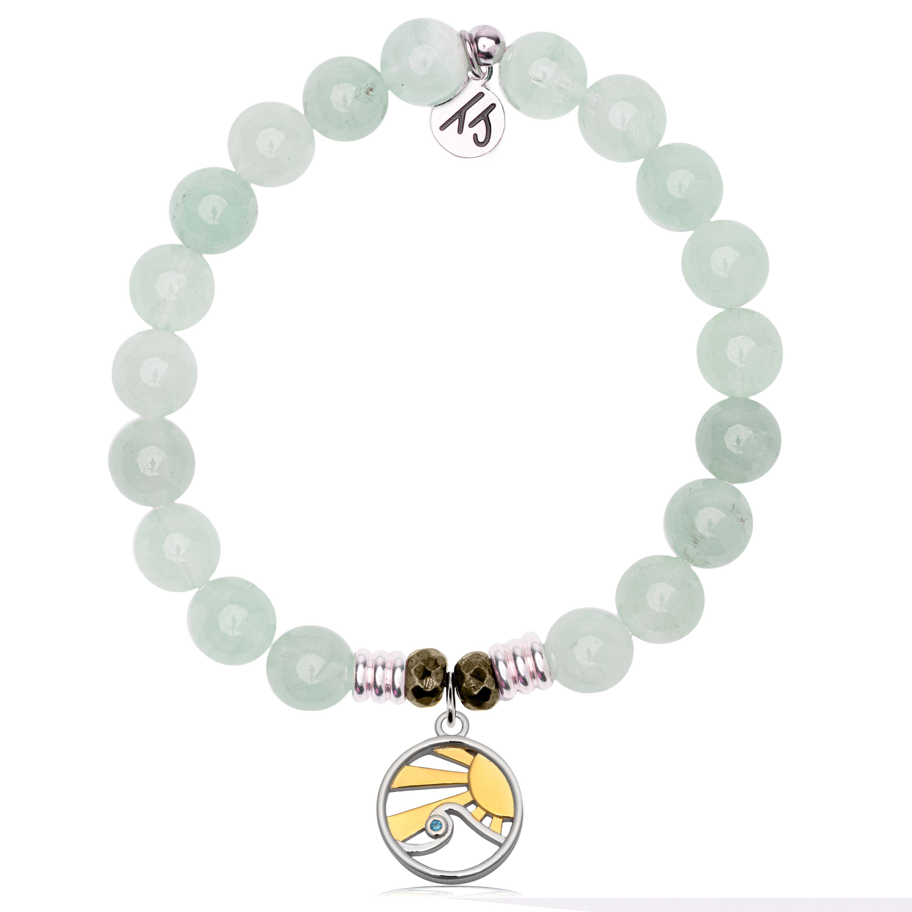 Green Angelite Gemstone Bracelet with Rising Sun Sterling Silver Charm
