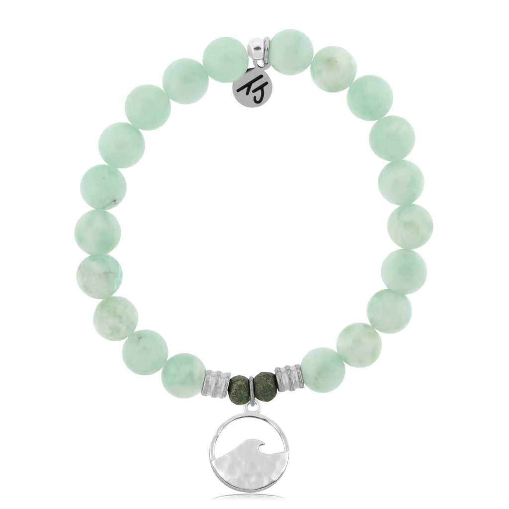 Green Angelite Stone Bracelet with Hammered Waves Sterling Silver Charm