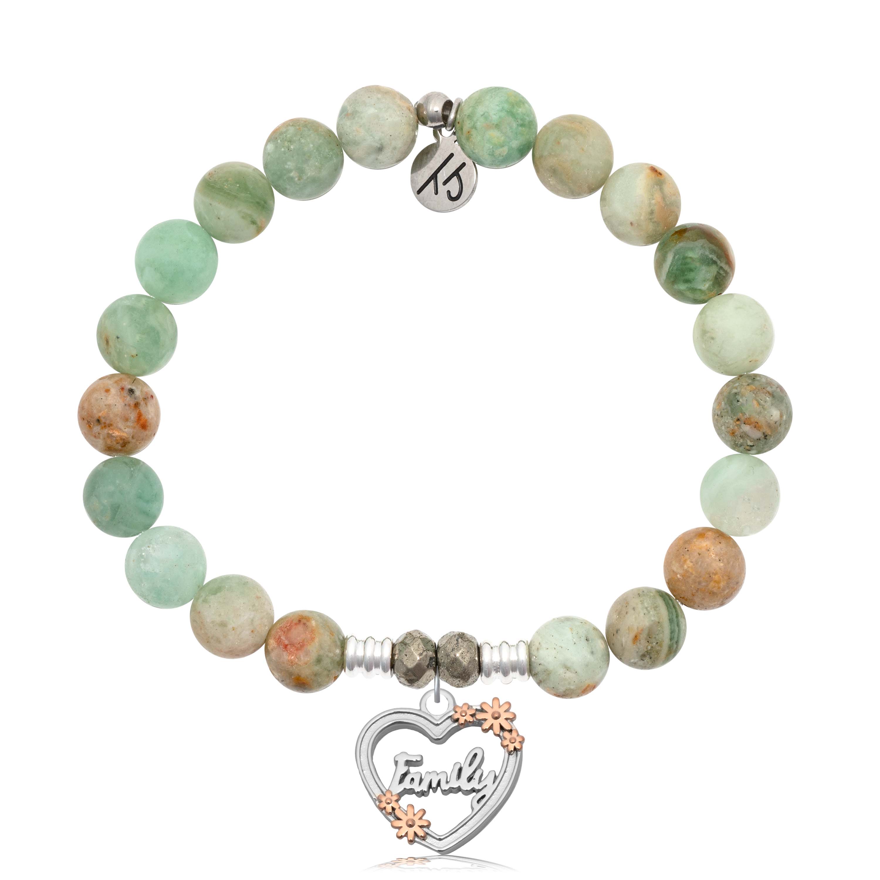 Green Quartz Gemstone Bracelet with Heart Family Sterling Silver Charm