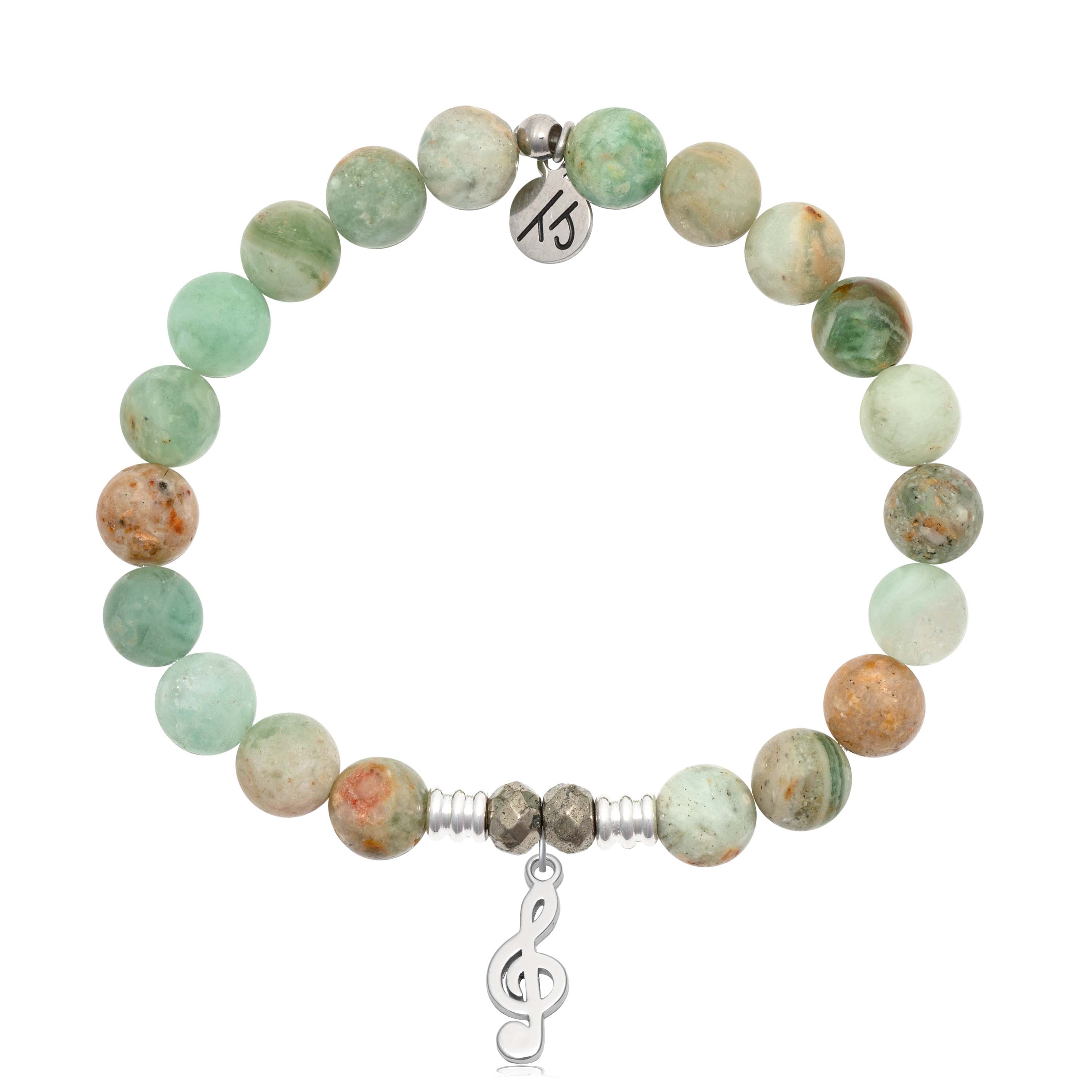 Green Quartz Gemstone Bracelet with Music Note Sterling Silver Charm