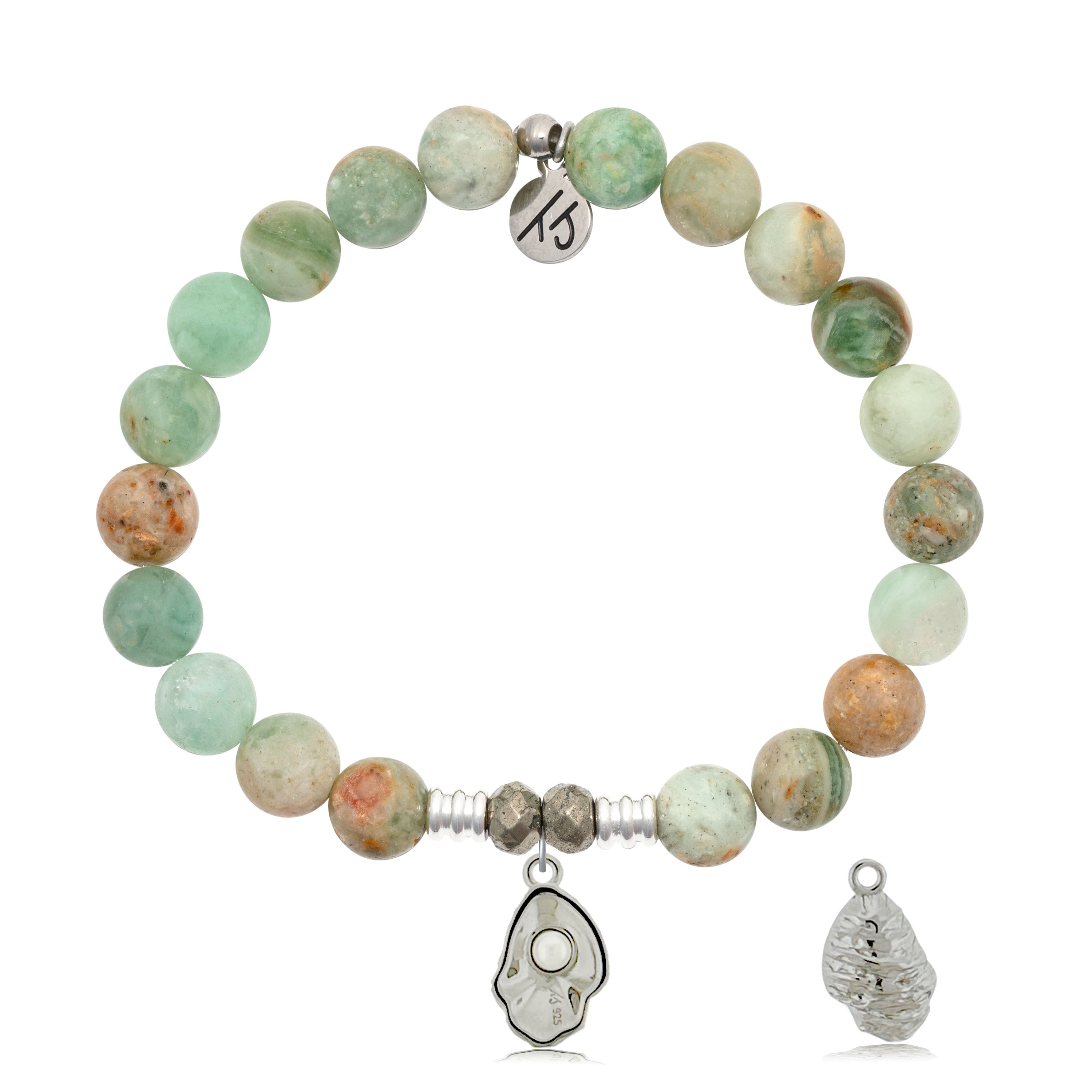 Green Quartz Gemstone Bracelet with Oyster Sterling Silver Charm