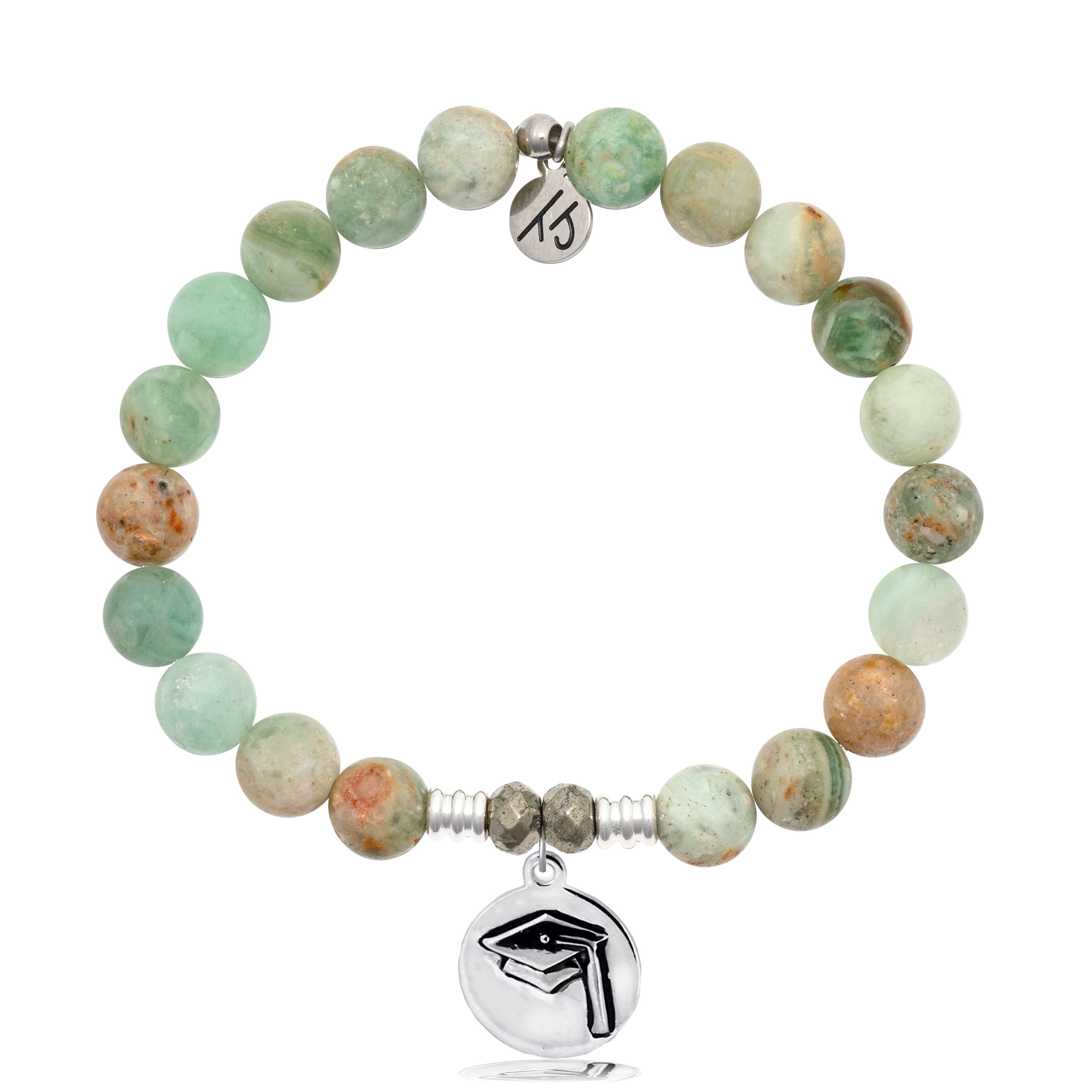 Green Quartz Stone Bracelet with Grad Cap Sterling Silver Charm