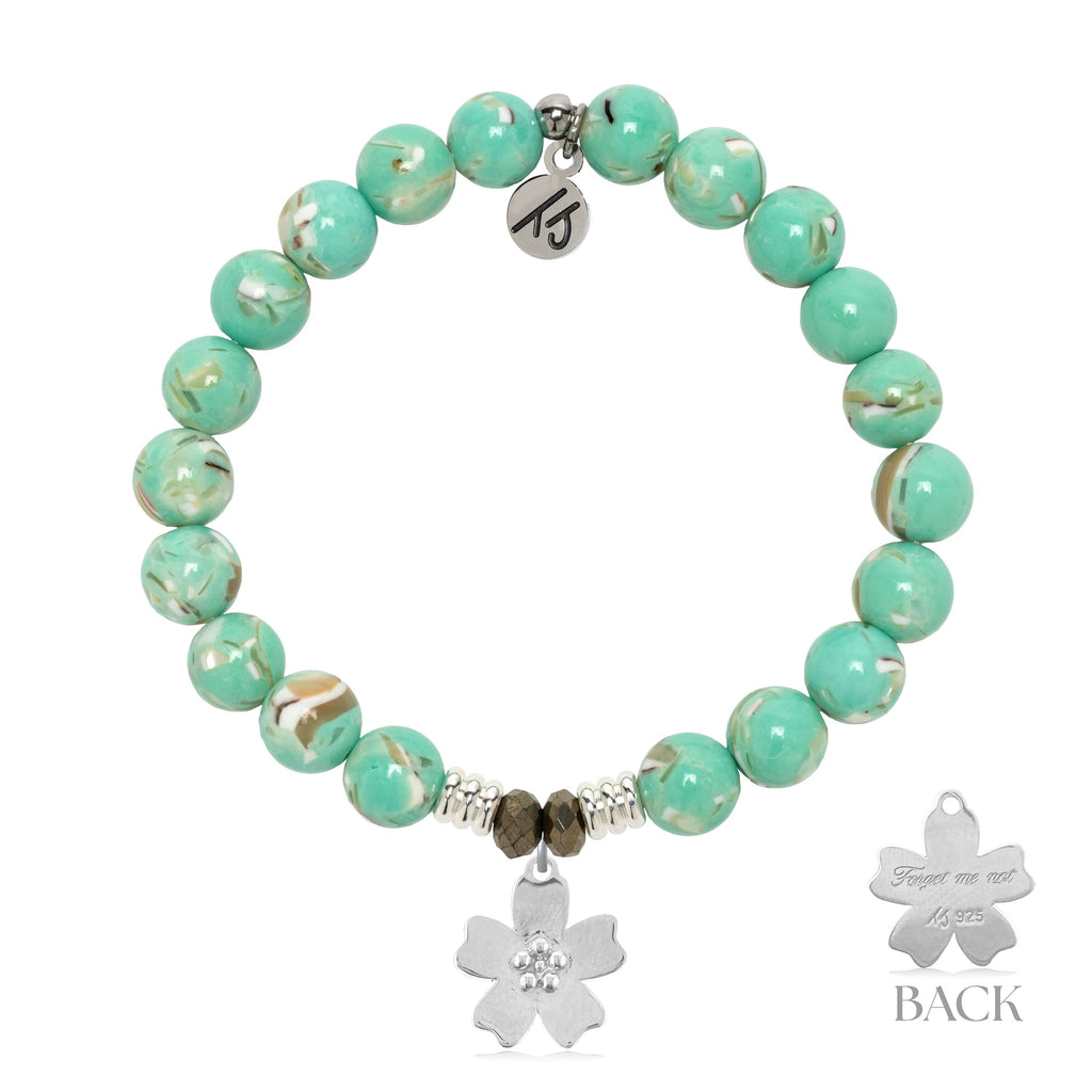 Green Shell Gemstone Bracelet with Forget Me Not Sterling Silver Charm