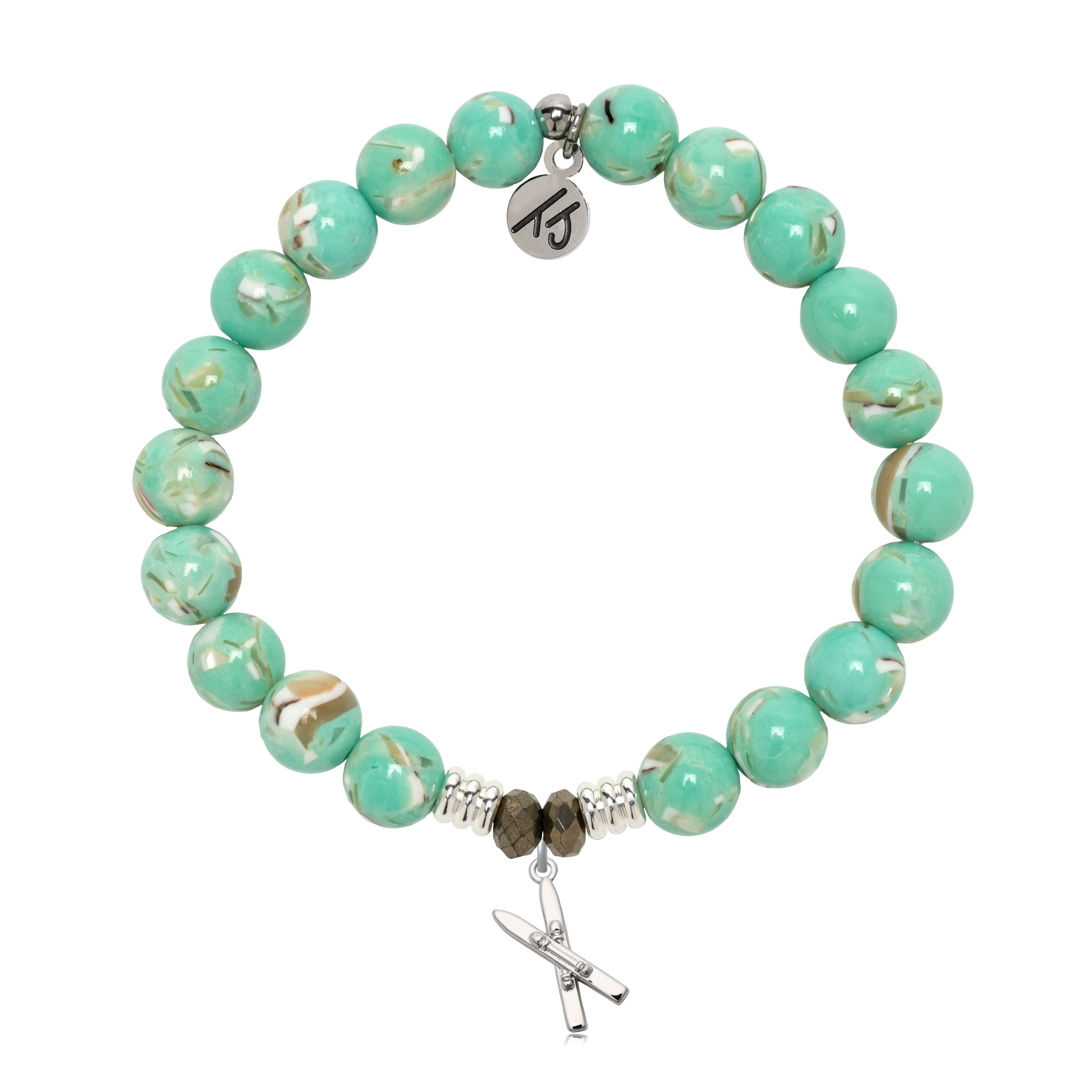 Green Shell Gemstone Bracelet with Skis Sterling Silver Charm