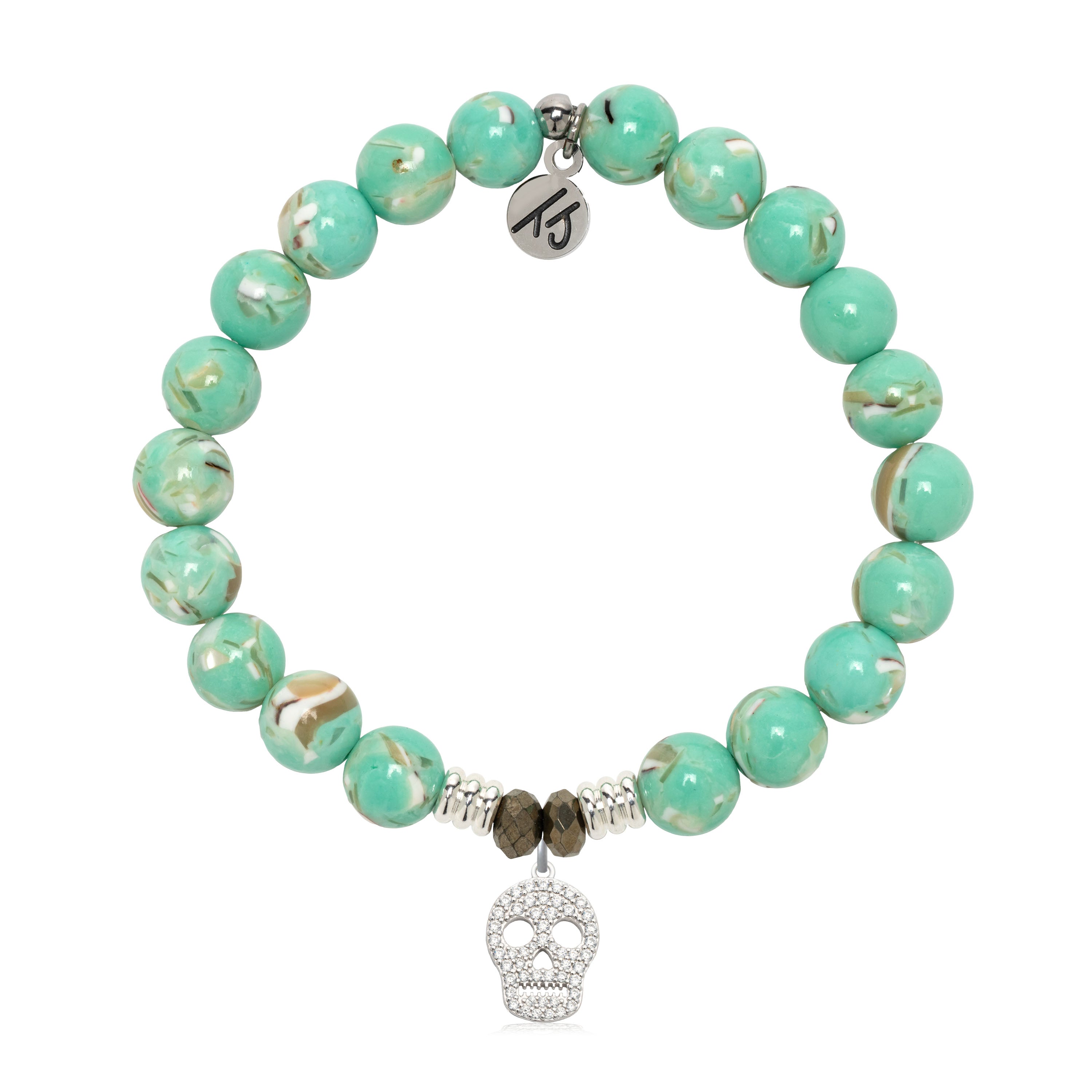 Green Shell Gemstone Bracelet with Skull CZ Sterling Silver Charm
