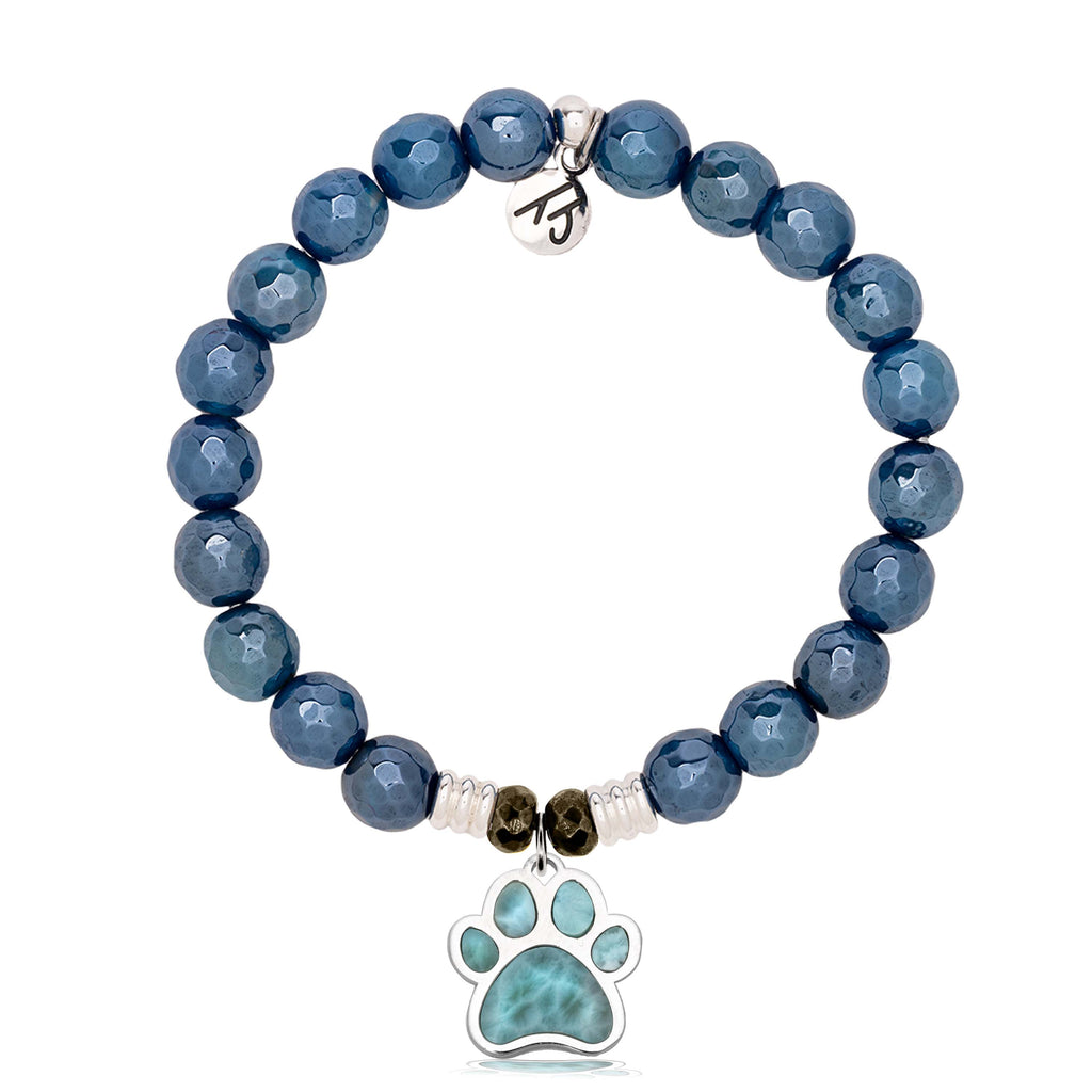 Larimar Charm Collection: Blue Agate Stone Bracelet with Larimar Paw Print Sterling Silver Charm
