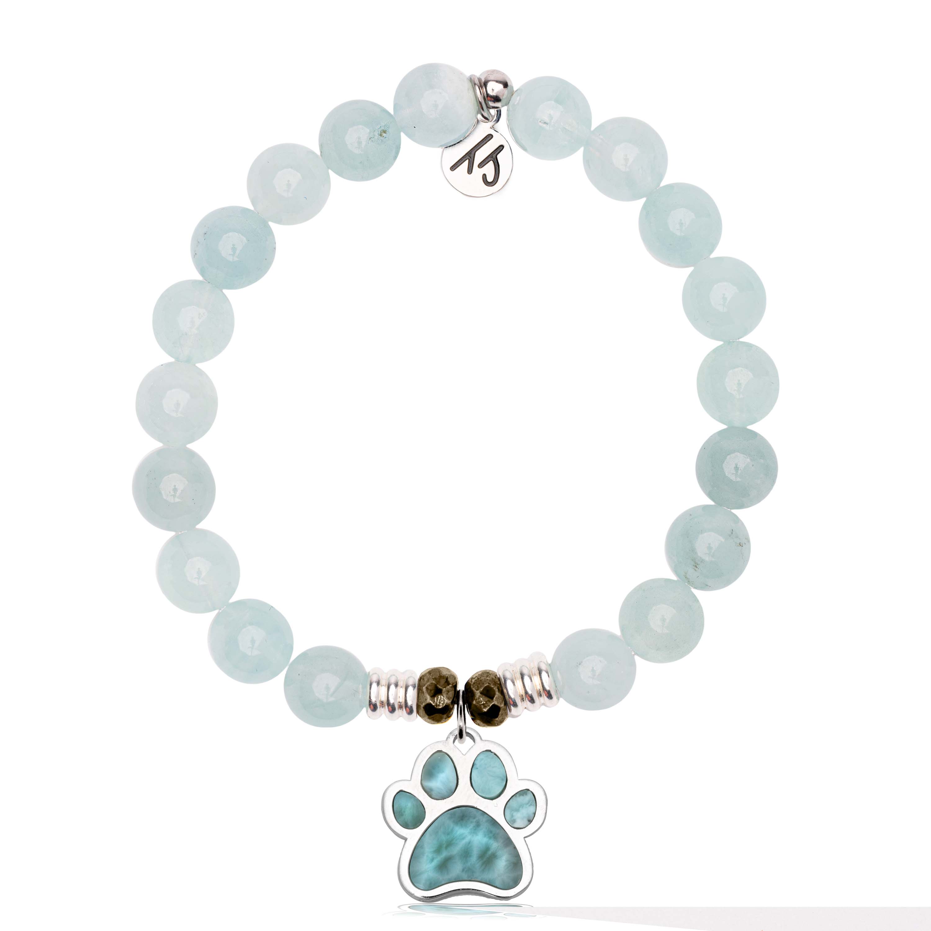 Larimar Charm Collection: Blue Aquamarine Stone Bracelet with Larimar Paw Print Sterling Silver Charm