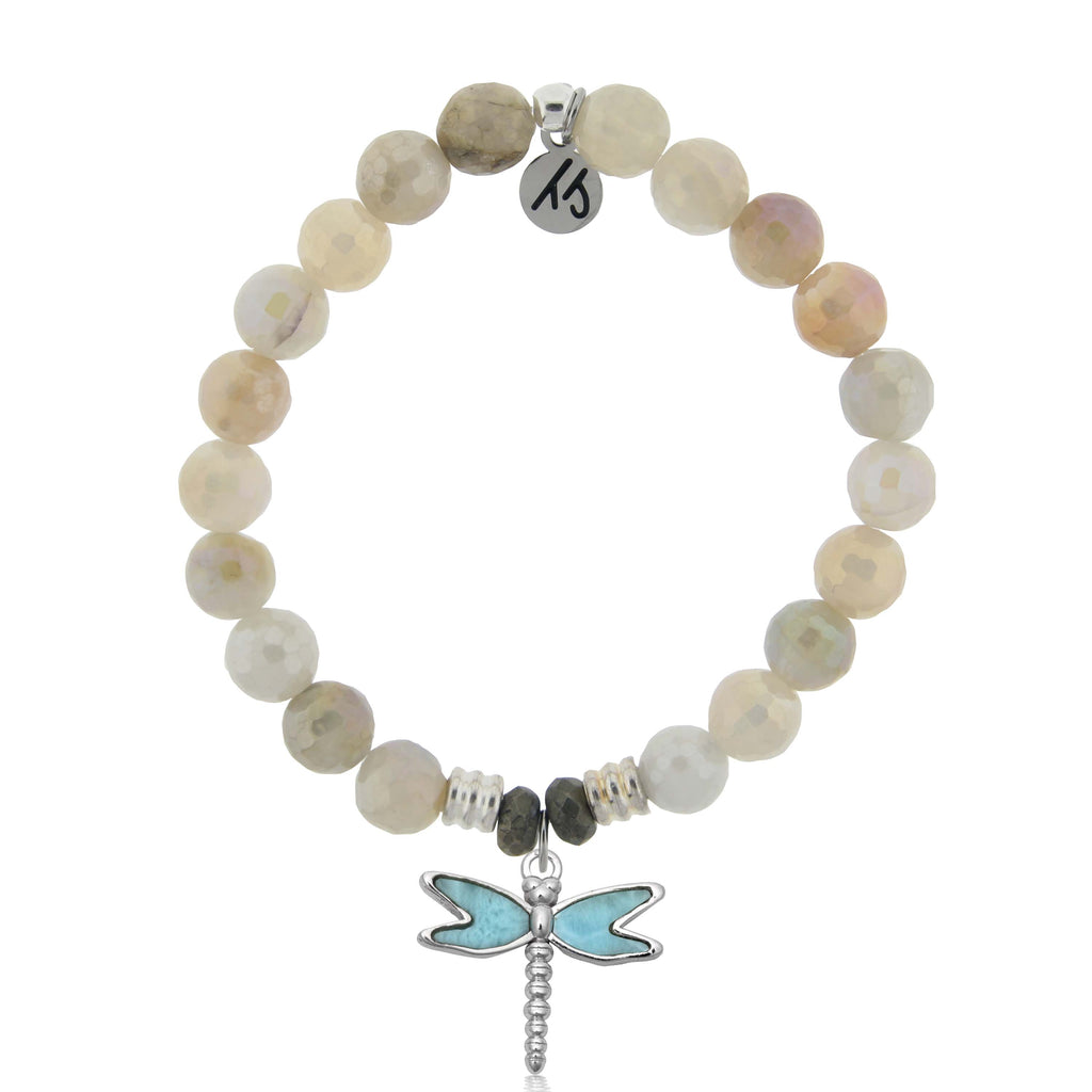 Larimar Charm Collection: Moonstone Stone Bracelet with Larimar Dragonfly Sterling Silver Charm