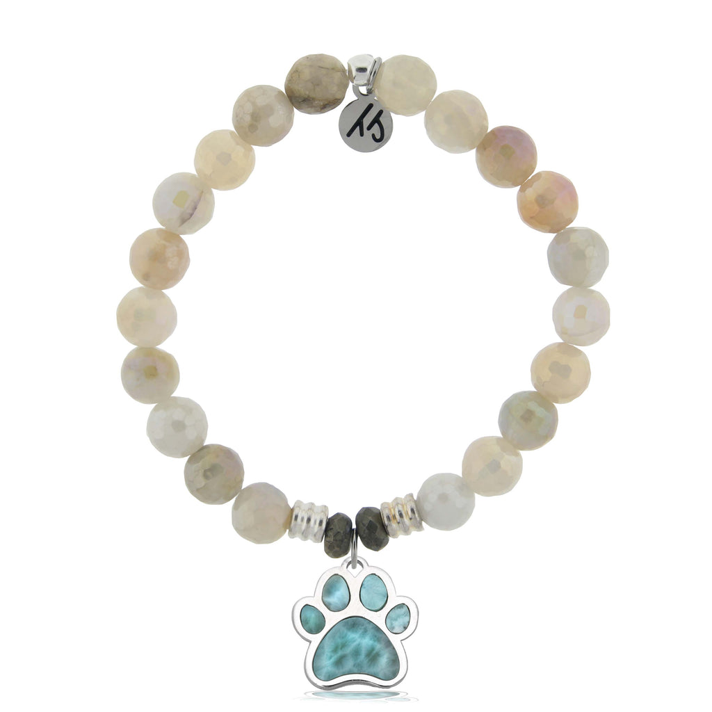 Larimar Charm Collection: Moonstone Stone Bracelet with Larimar Paw Print Sterling Silver Charm