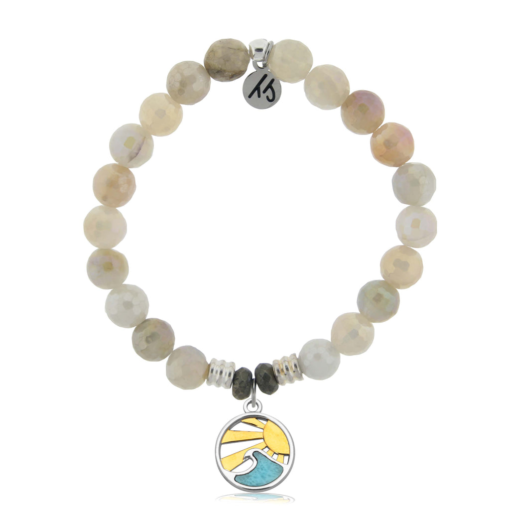 Larimar Charm Collection: Moonstone Stone Bracelet with Larimar Rising Sun Sterling Silver Charm