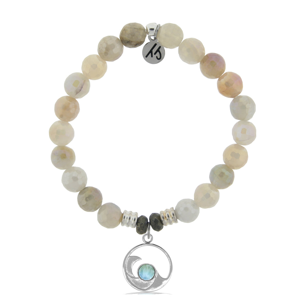 Larimar Charm Collection: Moonstone Stone Bracelet with Larimar Wave Sterling Silver Charm