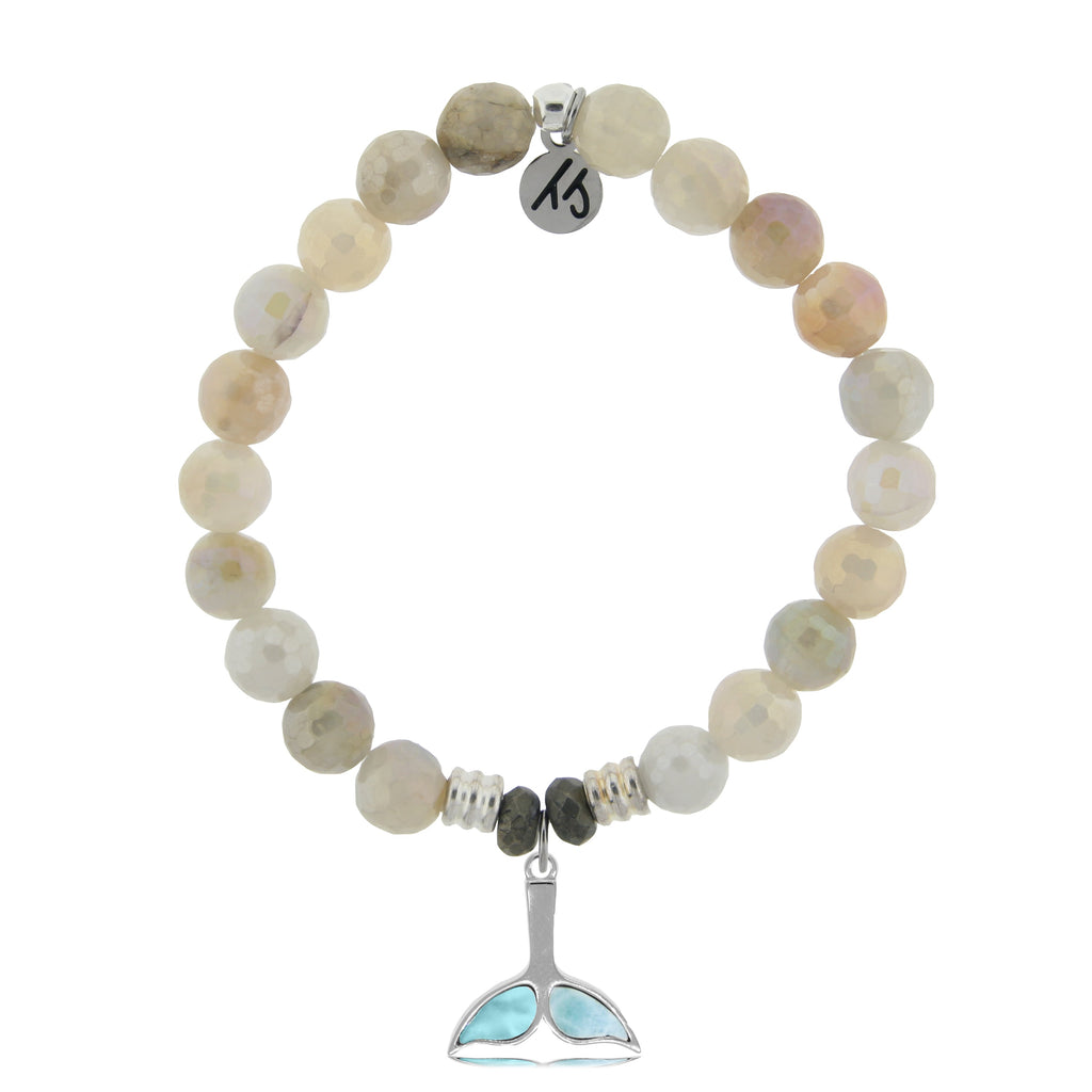 Larimar Charm Collection: Moonstone Stone Bracelet with Larimar Whale Tail Sterling Silver Charm