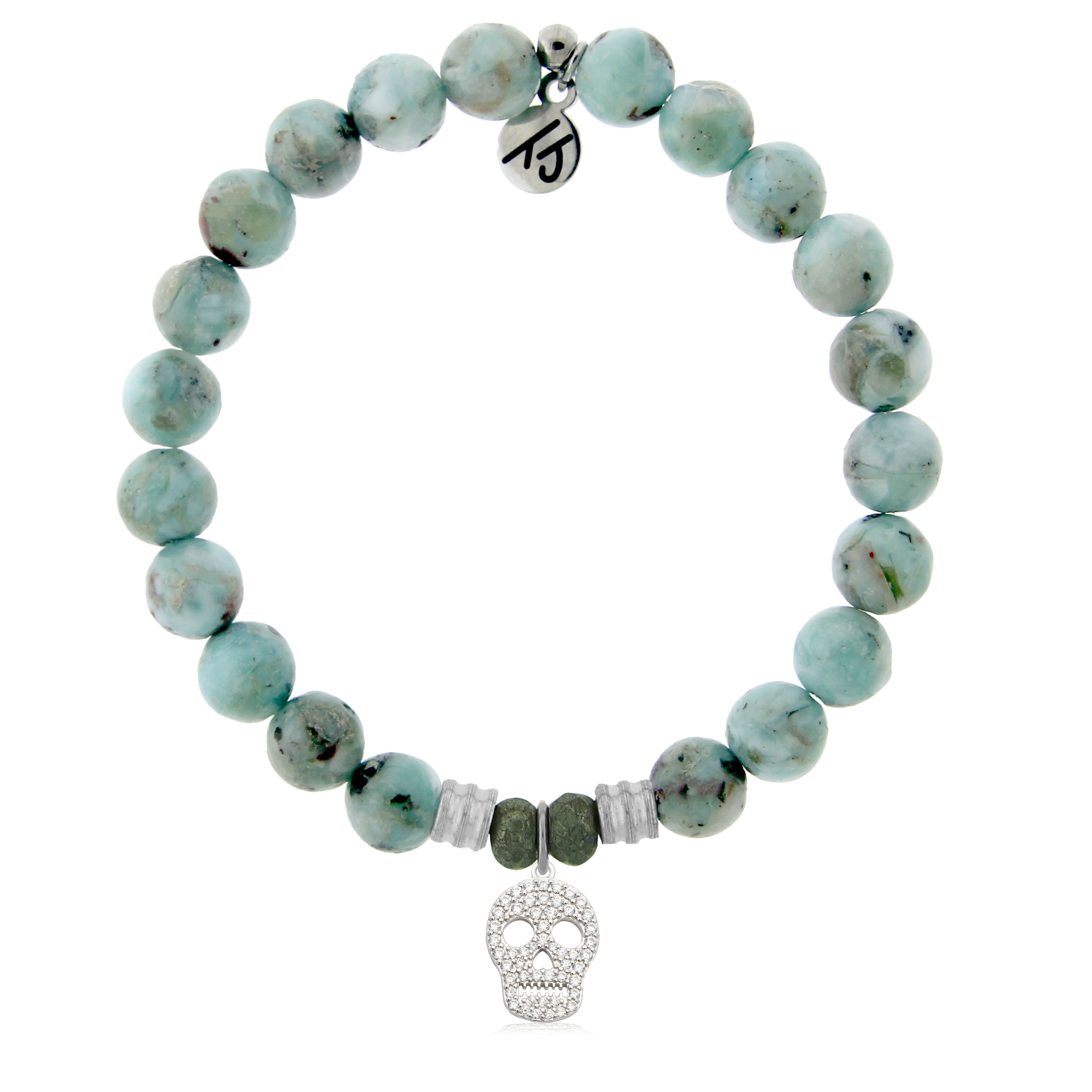 Larimar Gemstone Bracelet with Skull CZ Sterling Silver Charm