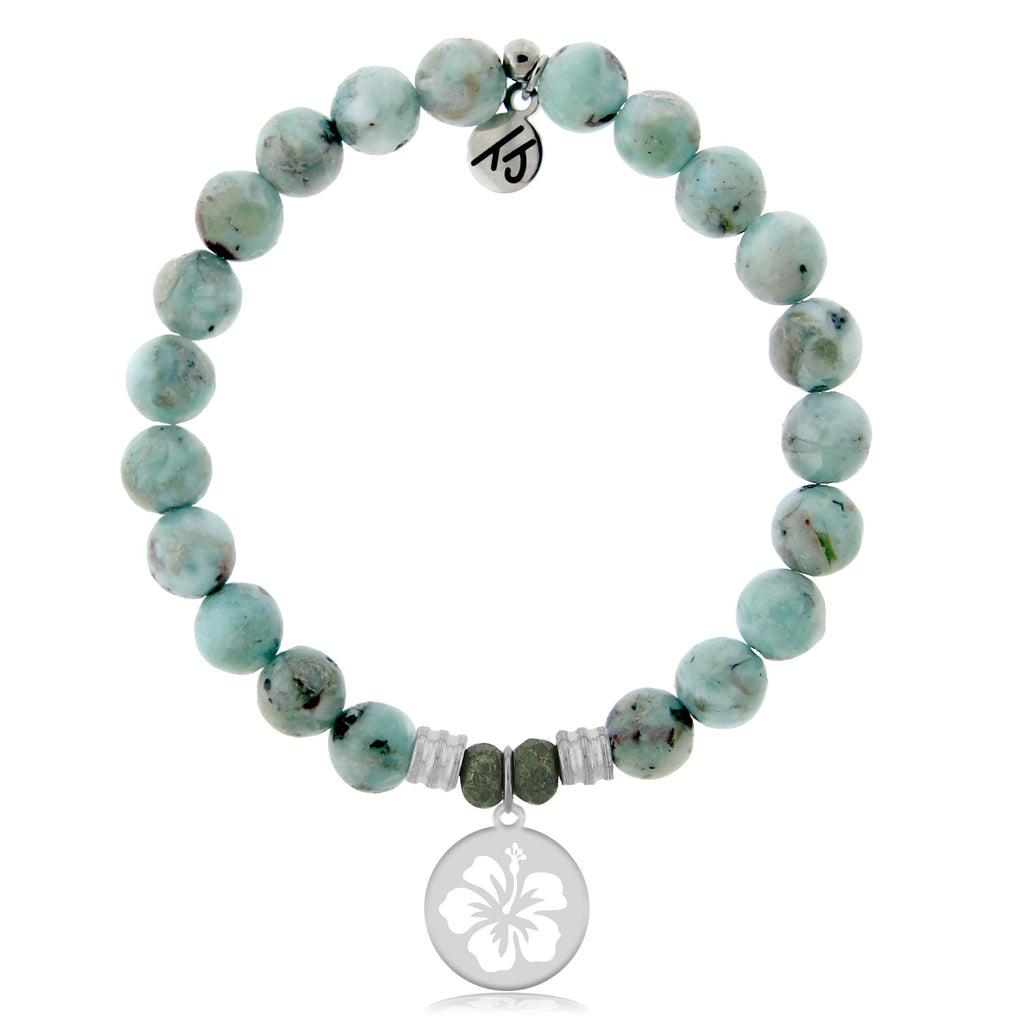 Larimar Stone Bracelet with Hibiscus Sterling Silver Charm