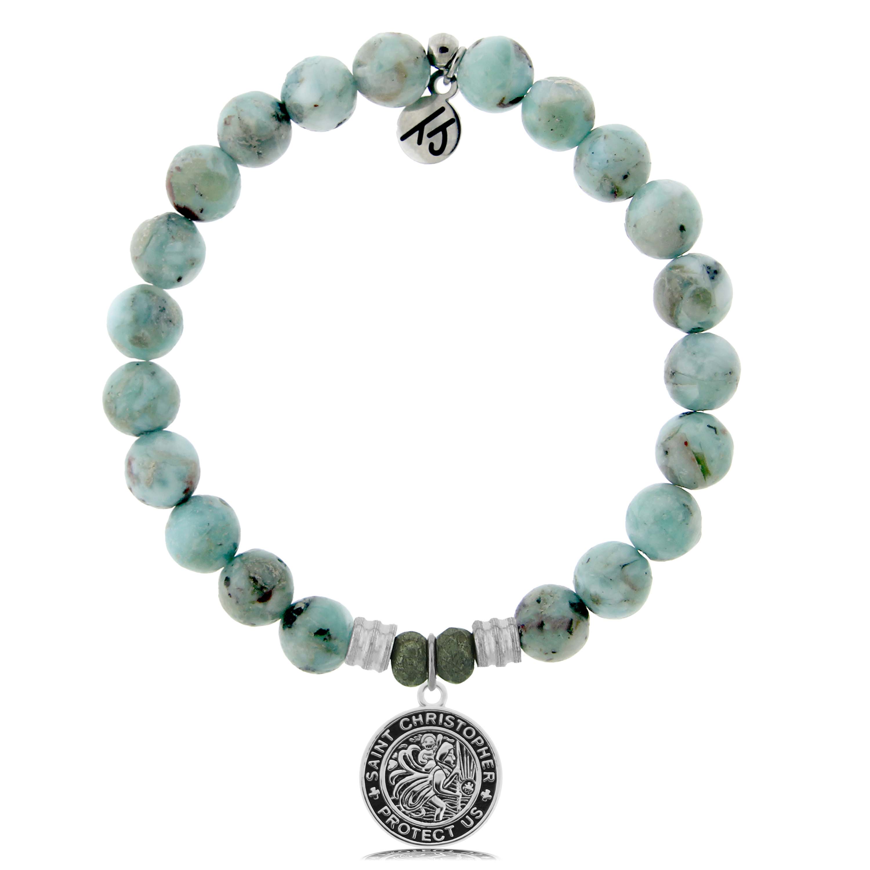 Larimar Stone Bracelet with Saint Christopher Sterling Silver Charm