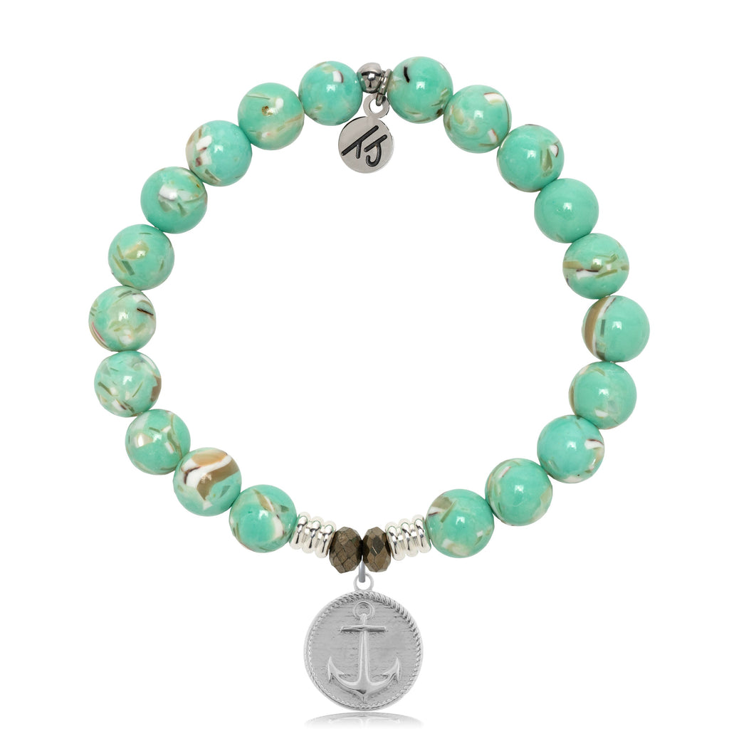 Light Green Shell Gemstone Bracelet with Anchor Sterling Silver Charm