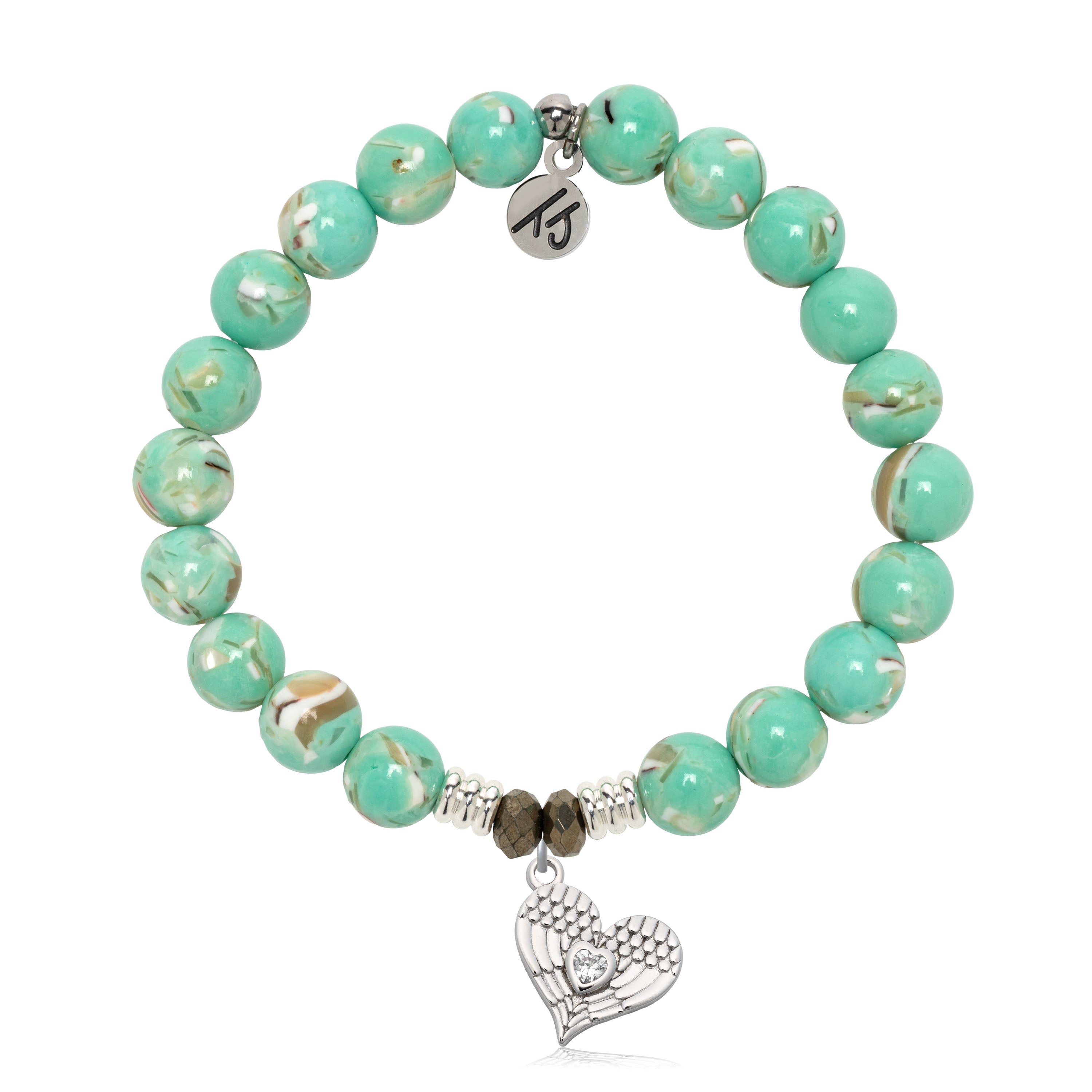 Light Green Shell Gemstone Bracelet with Angel Love Sterling Silver Charm