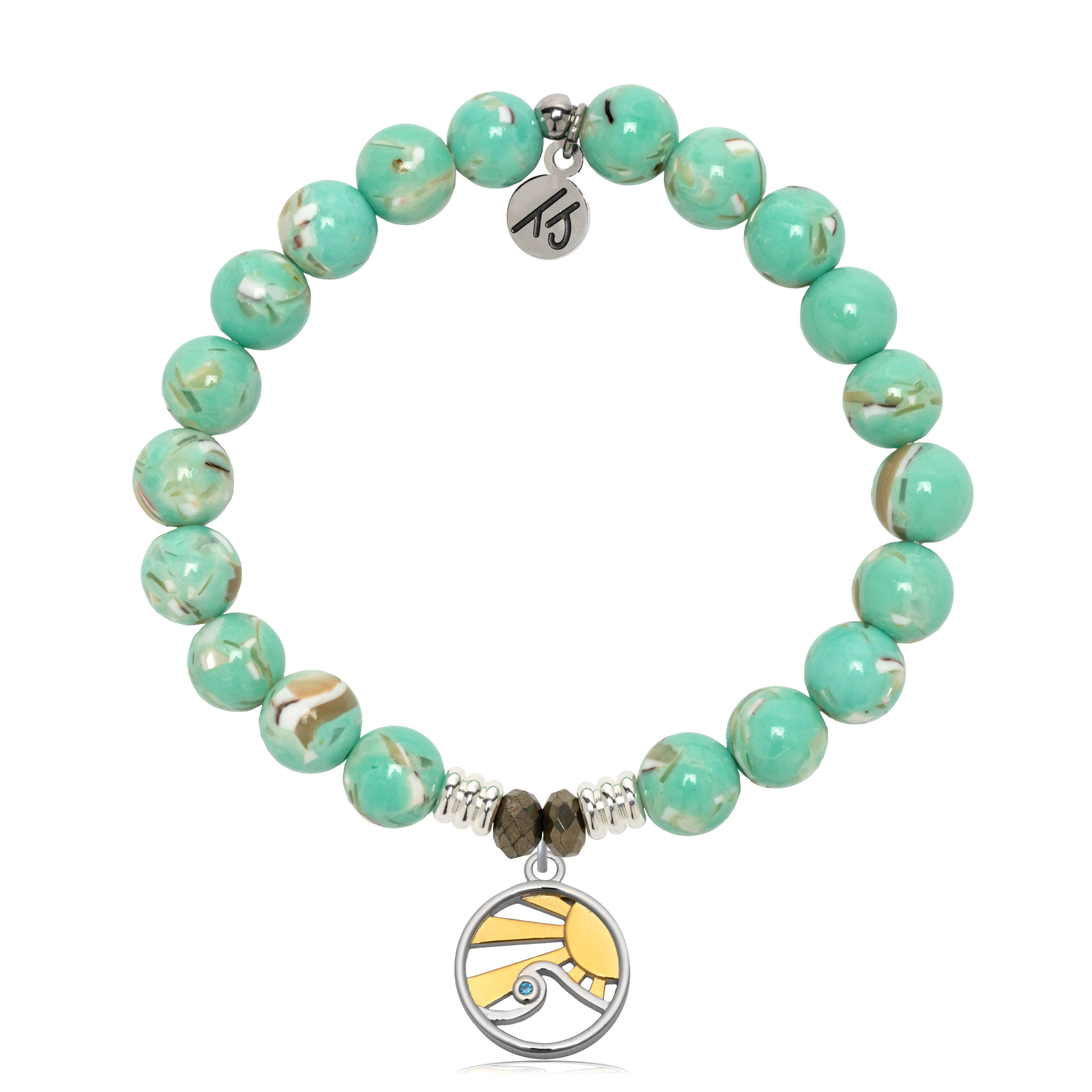 Light Green Shell Gemstone Bracelet with Rising Sun Sterling Silver Charm