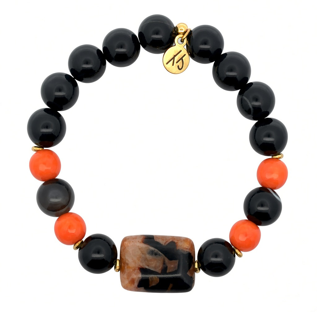 Limited Edition Exclusive Orange Agate with Black Stripe Agate Gemstone Bracelet
