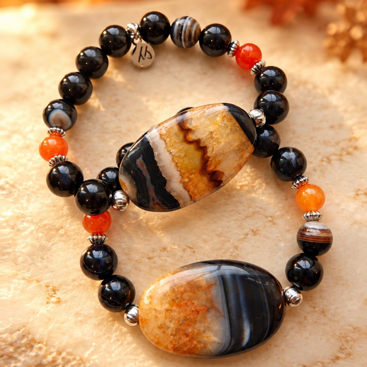 Limited Edition Exclusive Orange Agate with Black Striped Agate Gemstone Bracelet