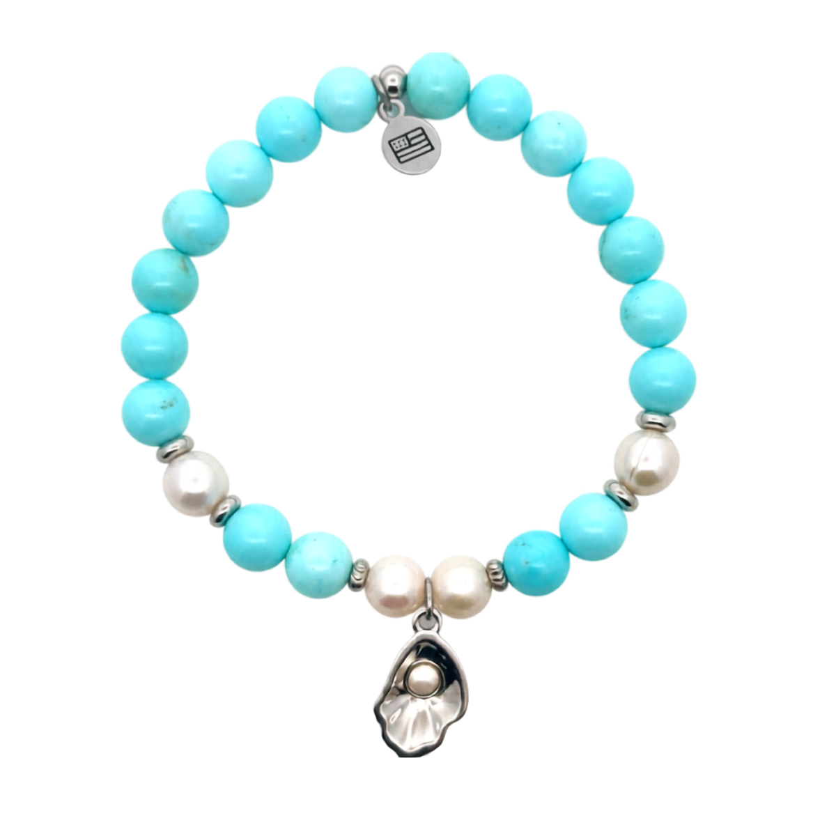 Limited Edition Exclusive Sterling Silver Oyster Charm with Blue Turquoise Gemstone Bracelet