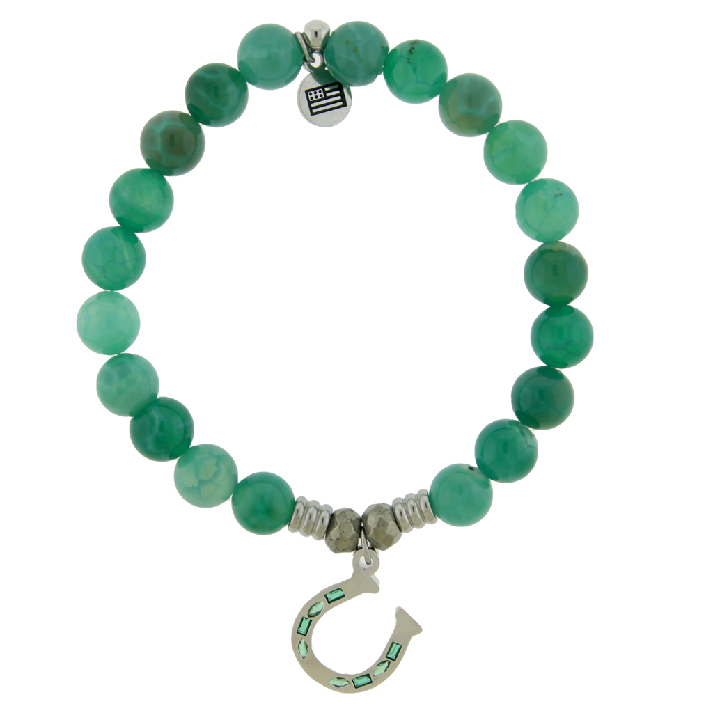 Limited Edition: Green Fire Agate Gemstone Bracelet with Lucky Horseshoe Sterling Silver Charm
