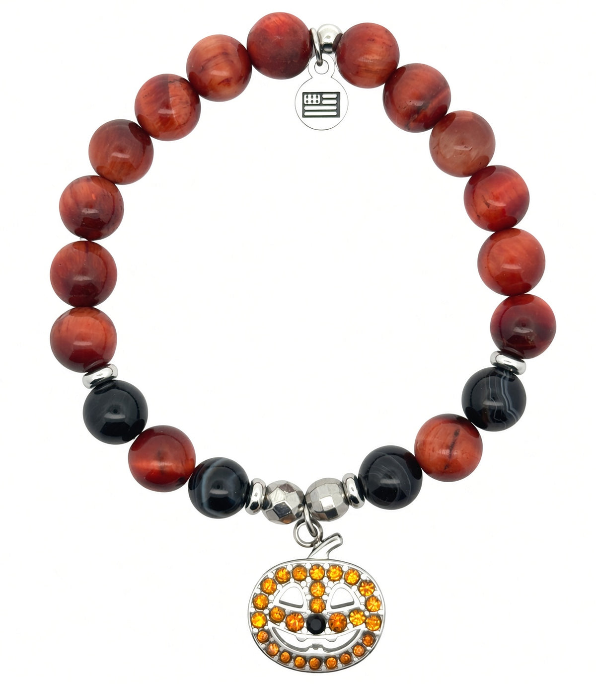 Limited Edition Jack-o'-Lantern Charm with Orange Tiger's Eye & Black Striped Agate Gemstone Bracelet