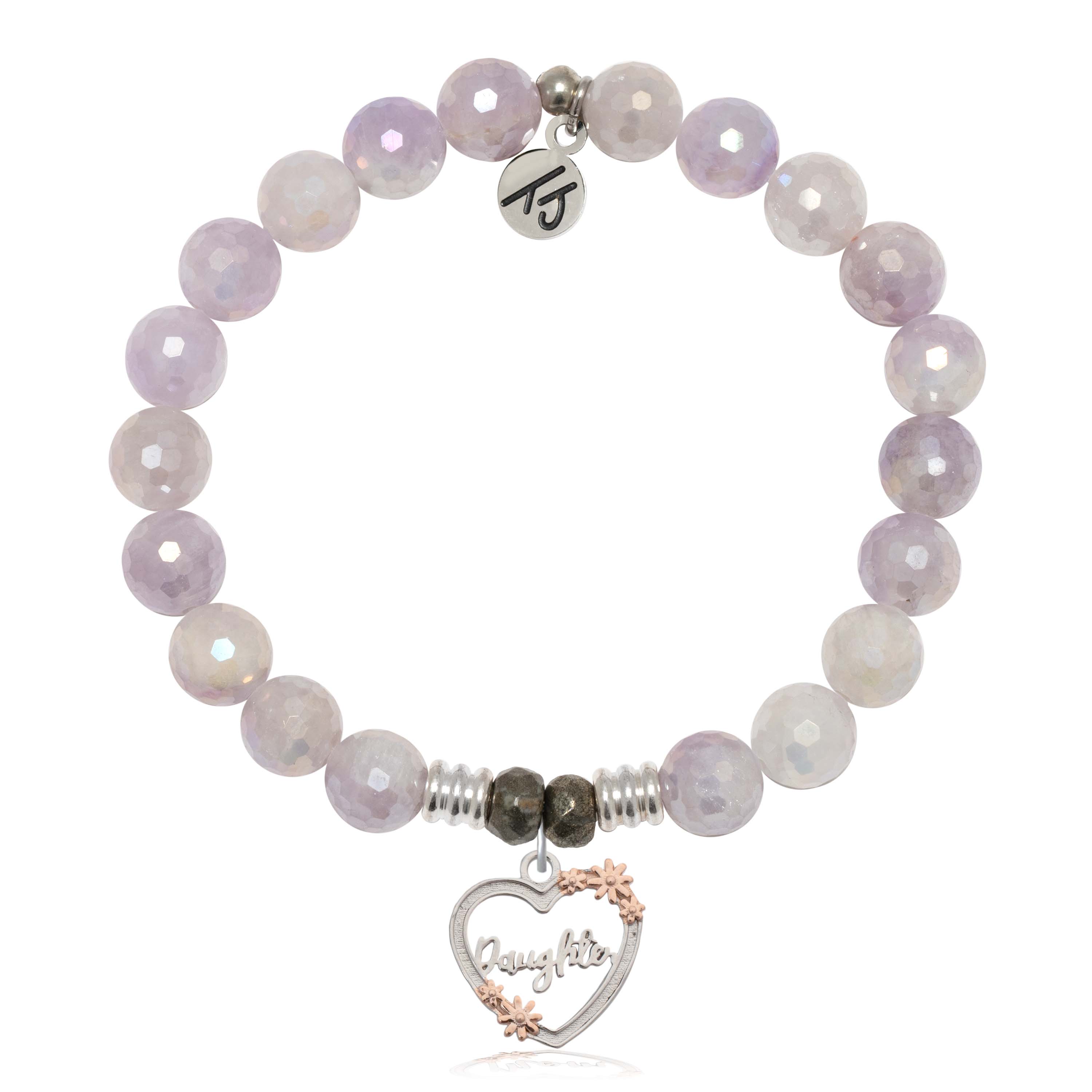 Mauve Jade Gemstone Bracelet with Heart Daughter Sterling Silver Charm