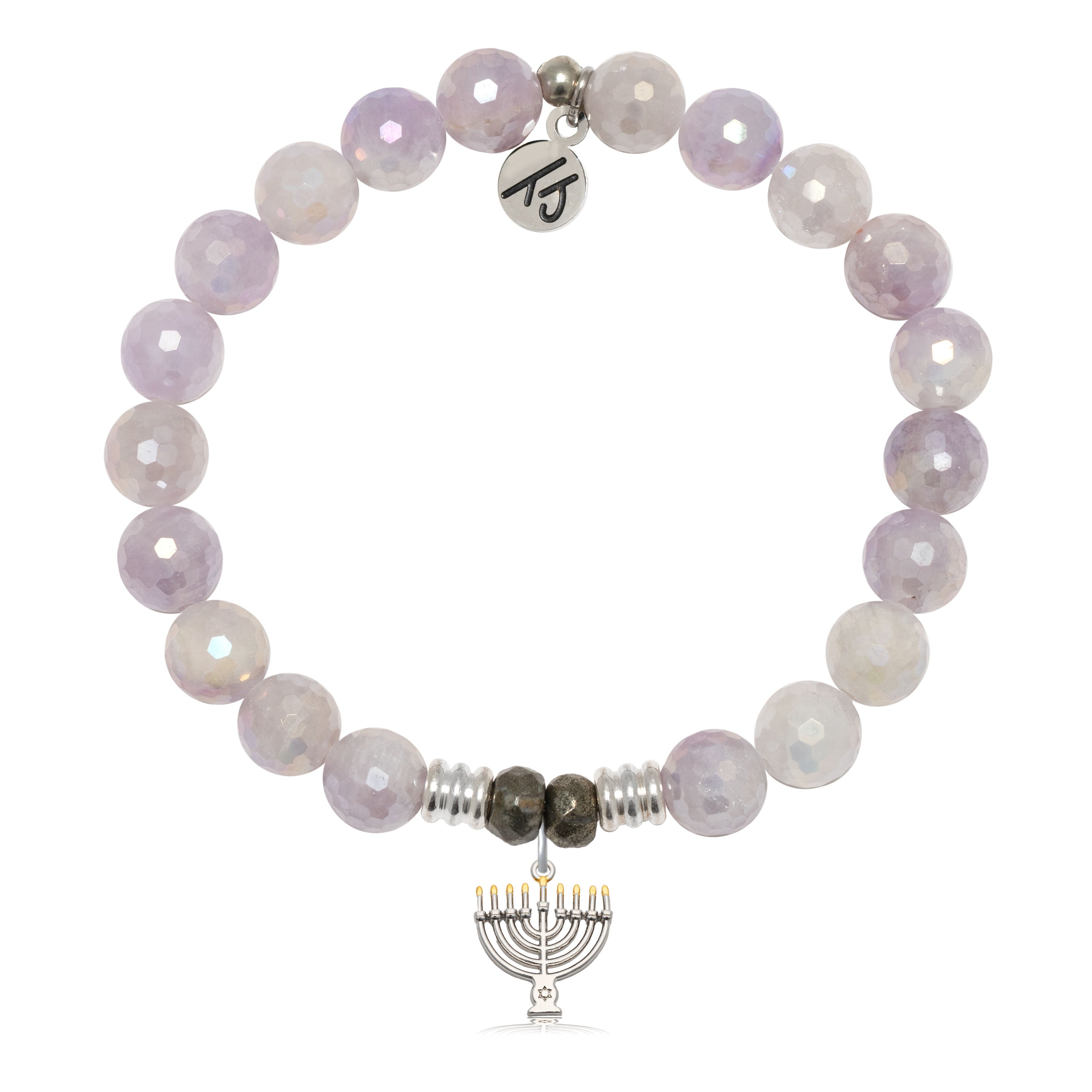Mauve Jade Gemstone Bracelet with Menorah Sterling Silver Charm